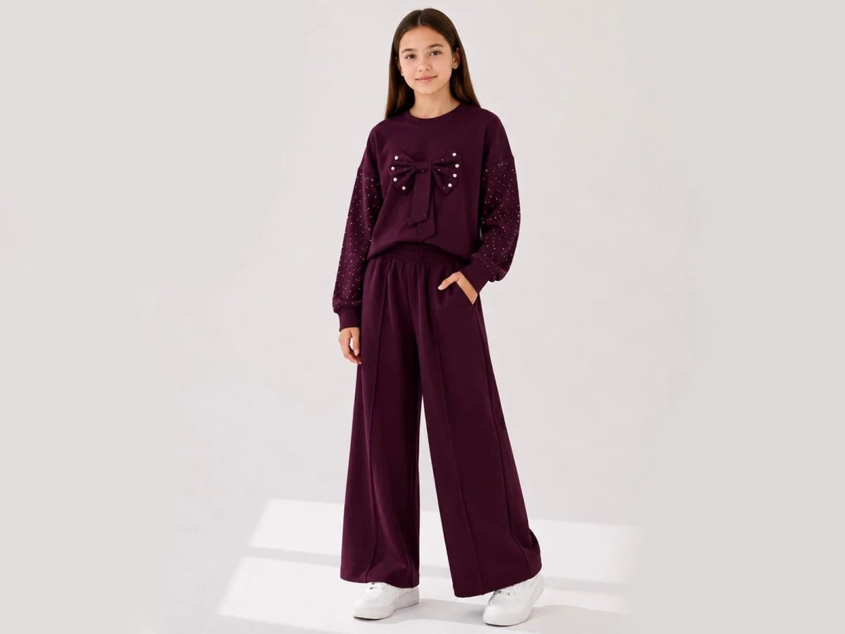 Girls' Pearl Bow Sweatshirt and Wide-Leg Trousers Set - Deep Purple - Incilay - by Peralane