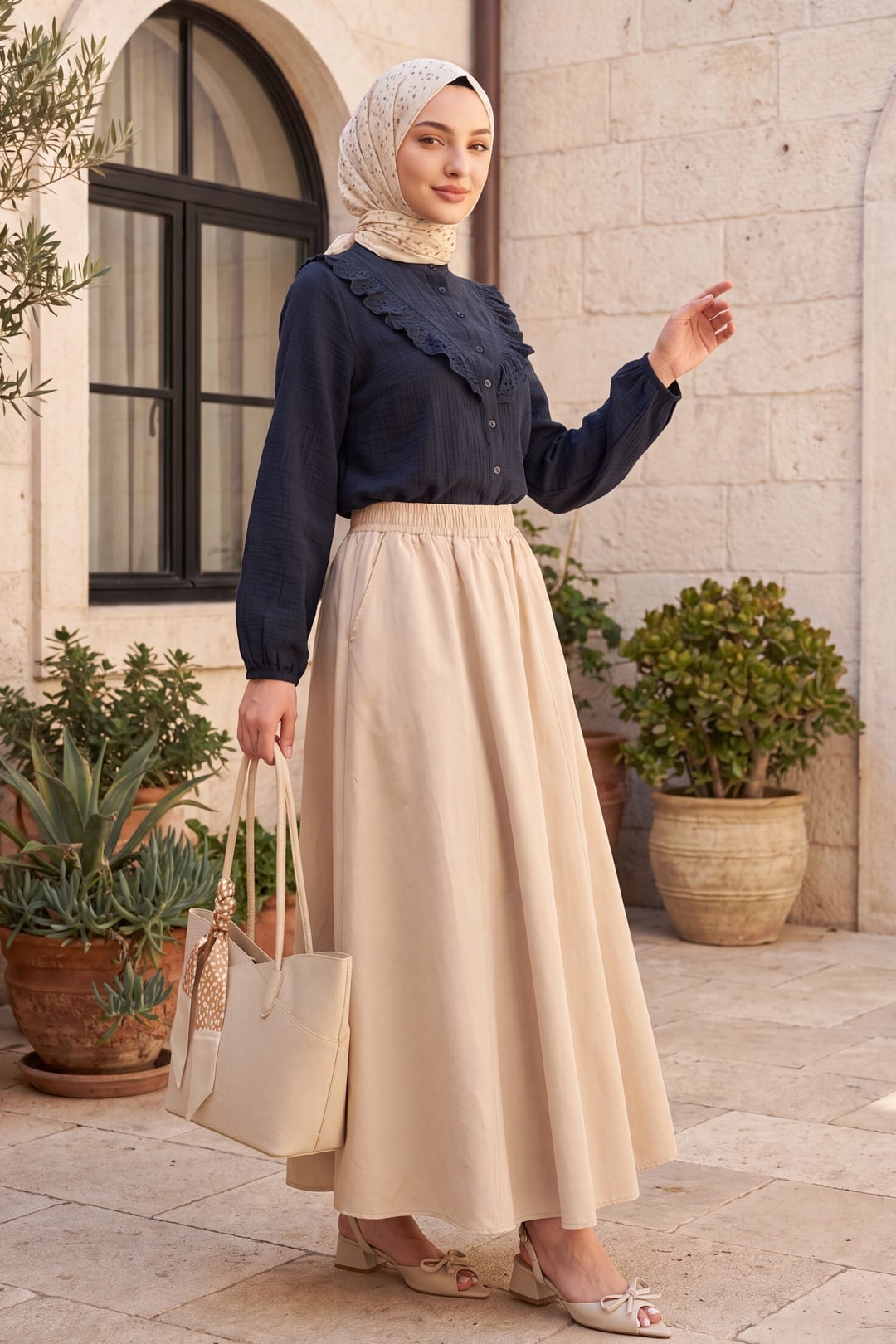 Navy Blue Crinkle Blouse with Lace Front and Buttoned Cuffs - Podyumplus - by Peralane - photo 4