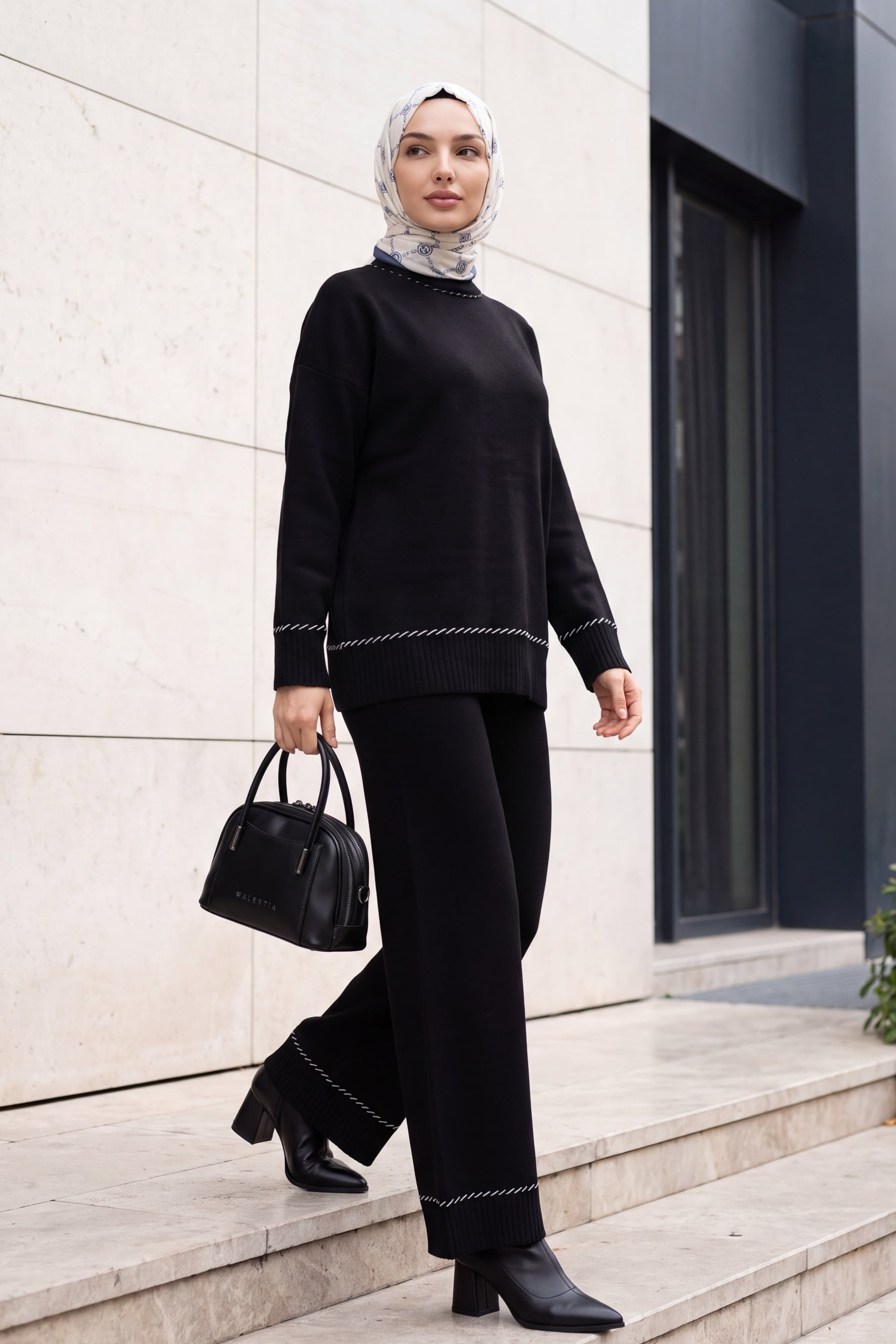 Women's Ribbed Trim Knit Top and Wide-Leg Trouser Set - Black - Podyumplus - by Peralane - photo 3