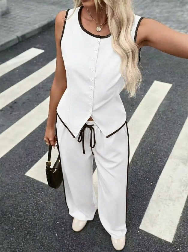 Women's Sleeveless Button-Front Vest and Wide-Leg Trousers Two-Piece Set - Janes - by Peralane - photo 3