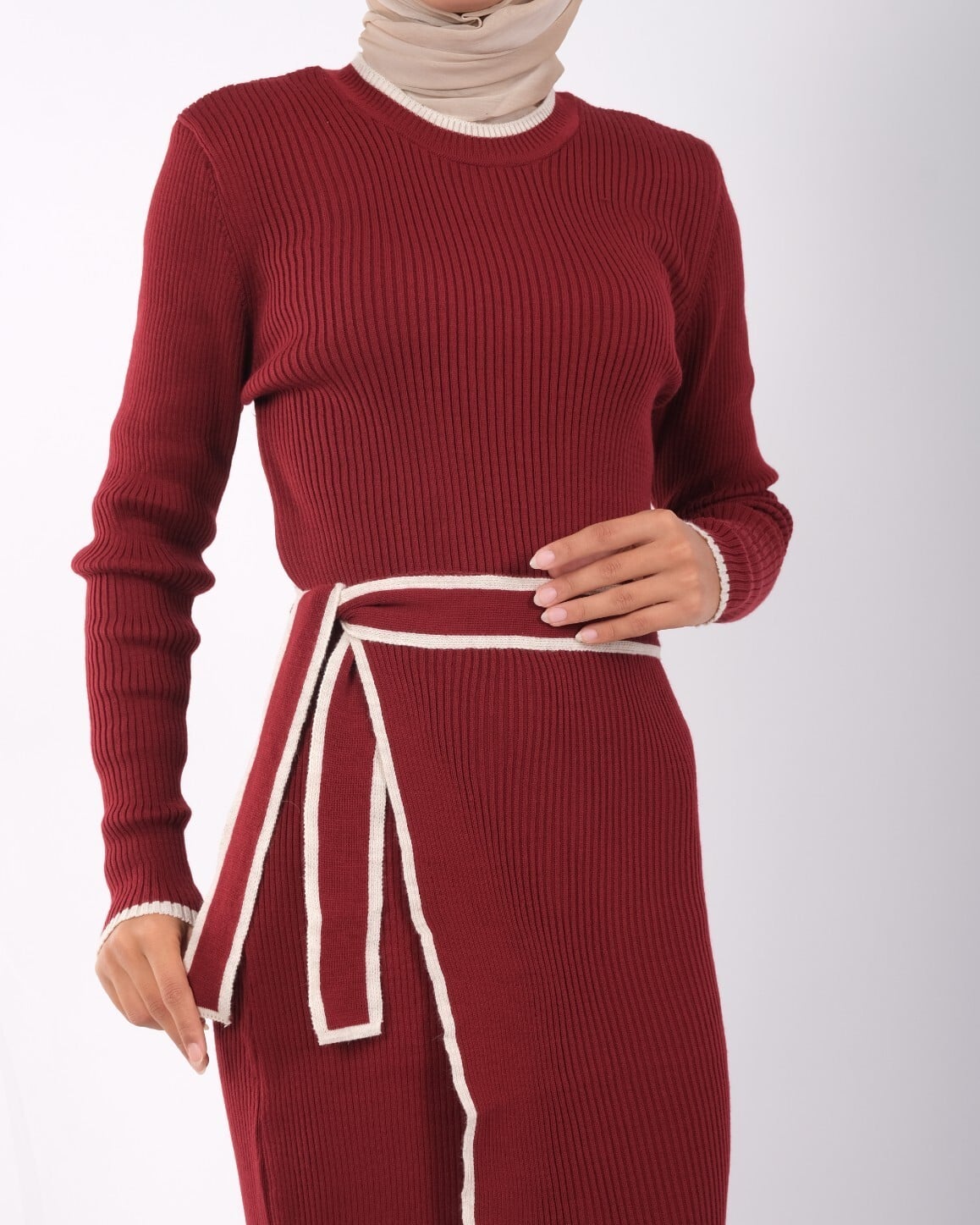 Side-Wrap Ribbed Knit Dress with Skirt Detail - Wine - Podyumplus - by Peralane - photo 4