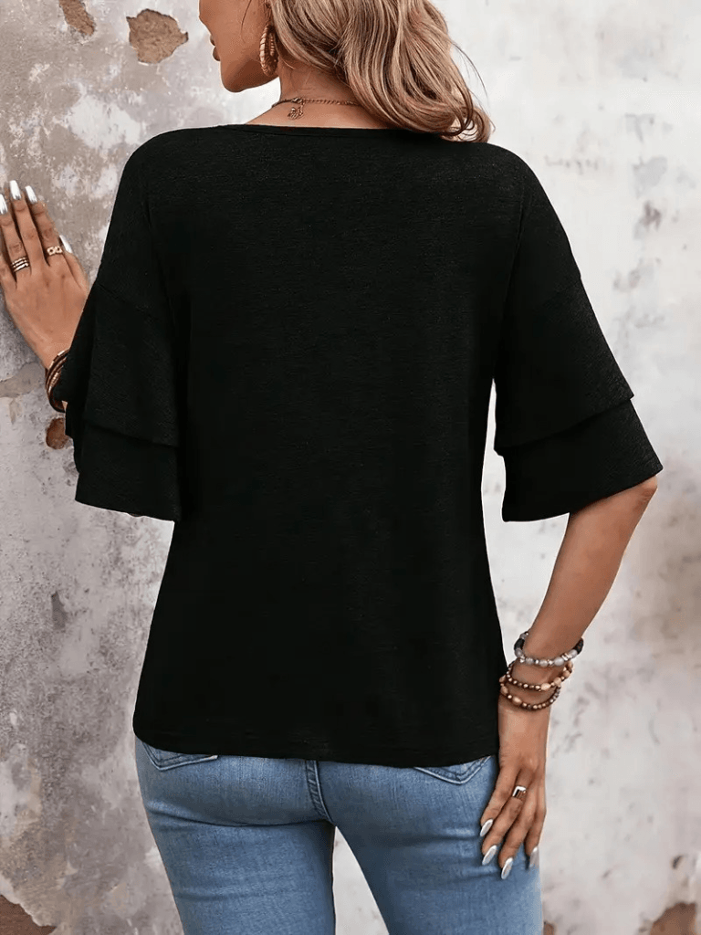Women's Black V-Neck Short-Sleeve Flutter Sleeve T-Shirt - Janes - by Peralane - photo 4