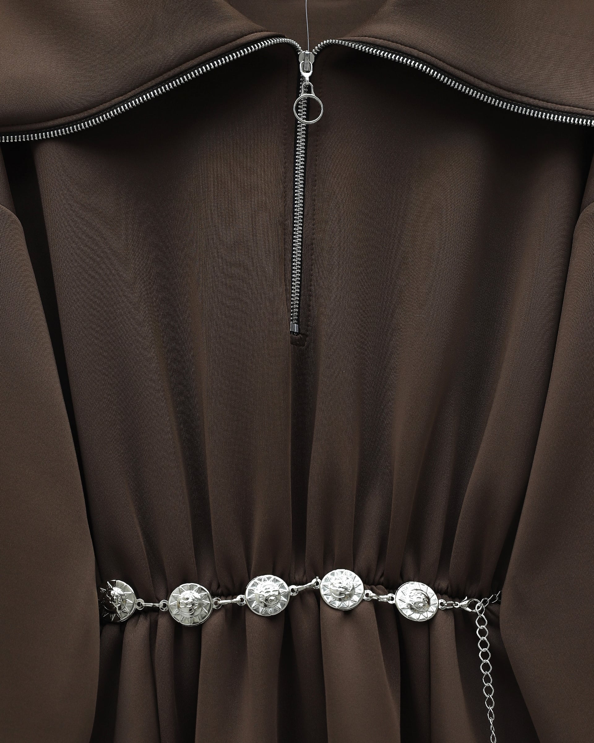 Brown Long-Sleeved Scuba Dress with Half Zip and Belted Waist - Podyumplus - by Peralane - photo 4