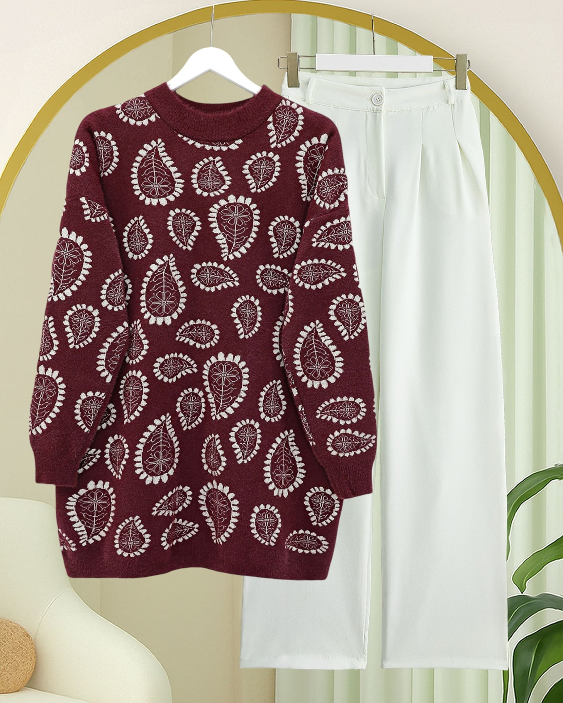 Crew Neck Drop Print Fringed Relaxed Knit Sweater - Stone - Podyumplus - by Peralane