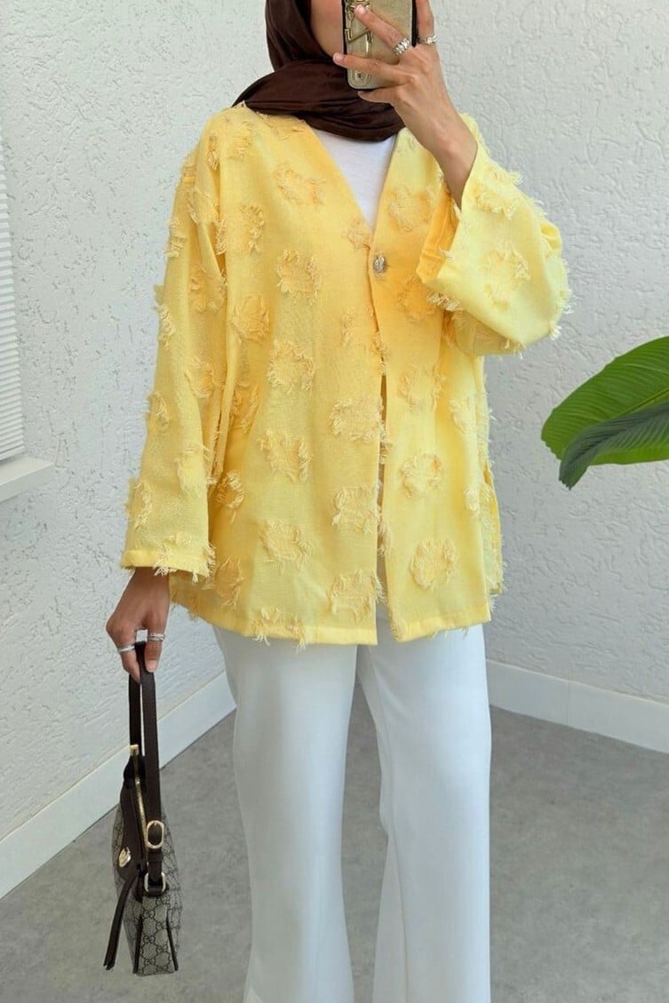 Single Button Fringed Slit Kimono - Yellow - Podyumplus - by Peralane