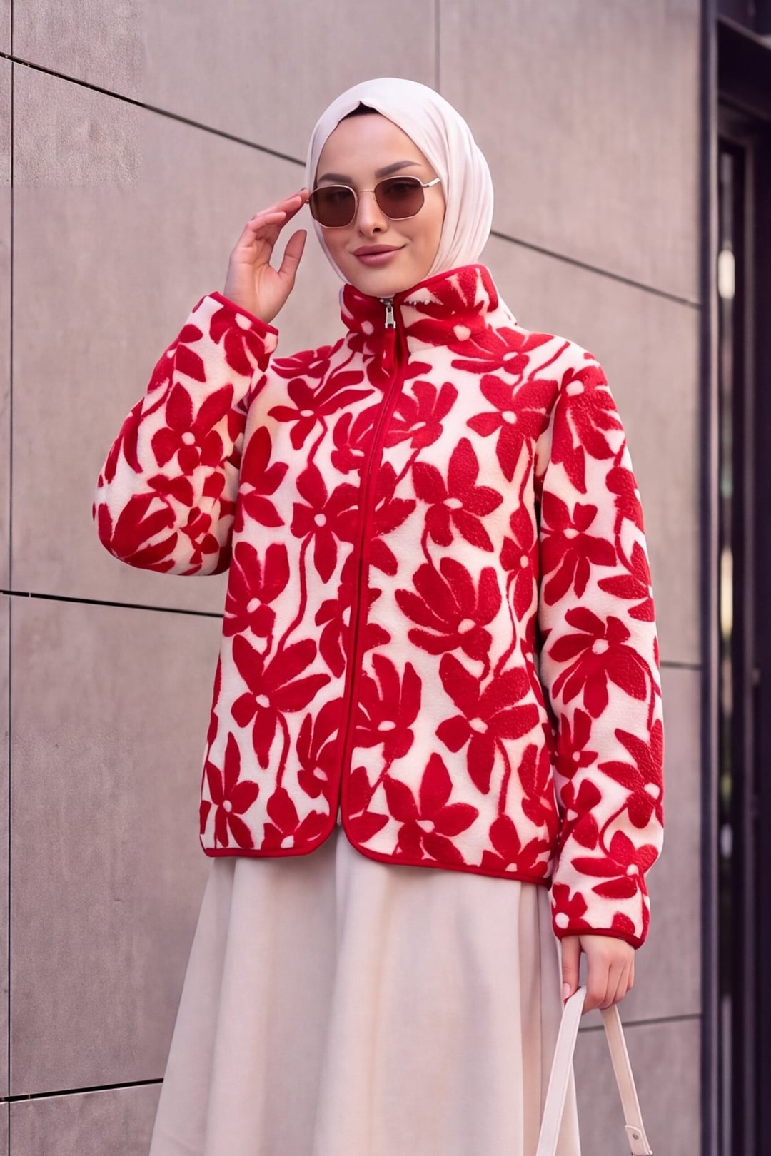Floral Print Double Pocket Zip Plush Jacket - Red - Podyumplus - by Peralane - photo 2