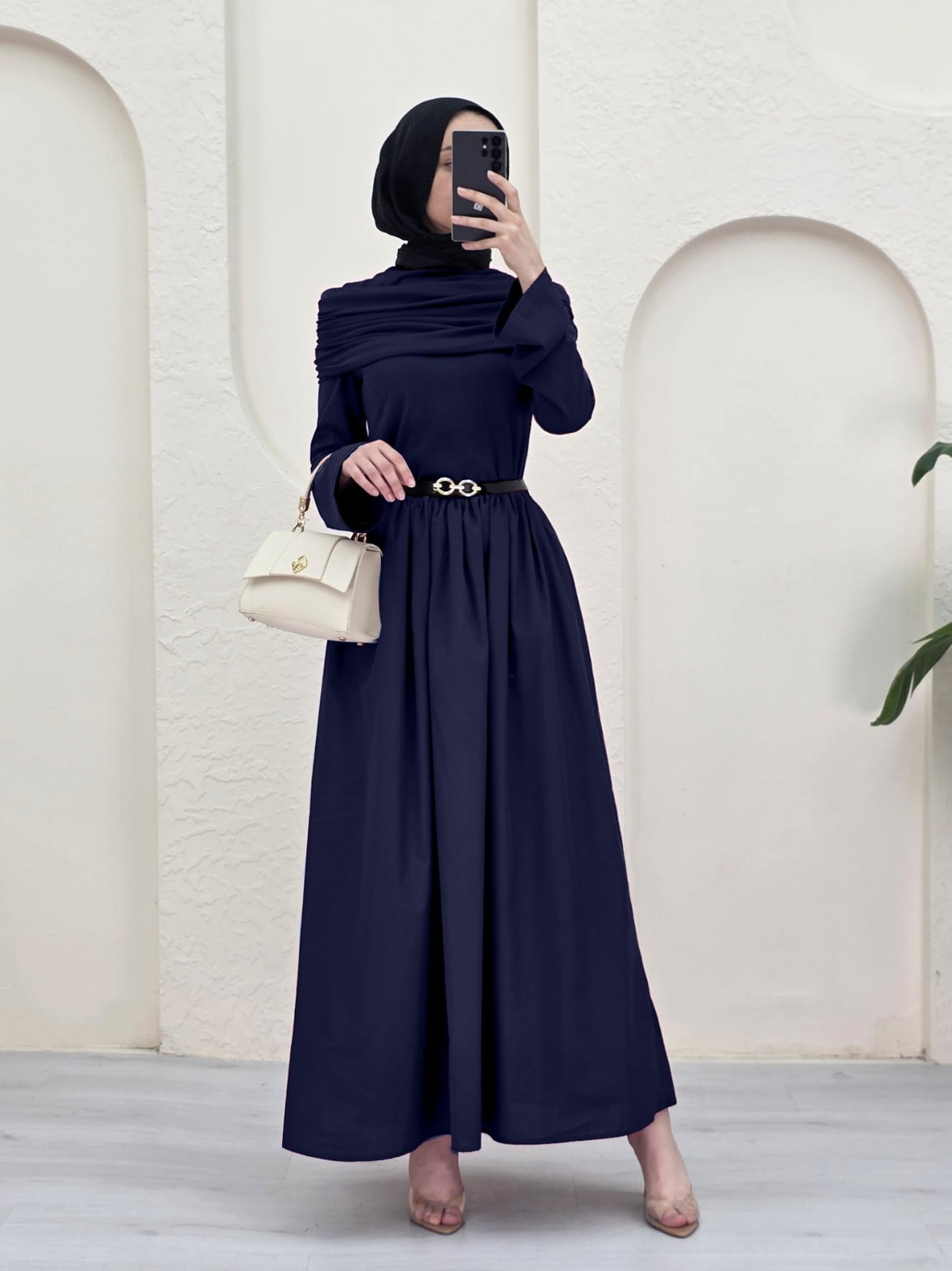 Draped Shawl Detail Paneled Dress - Navy - Podyumplus - by Peralane - photo 2