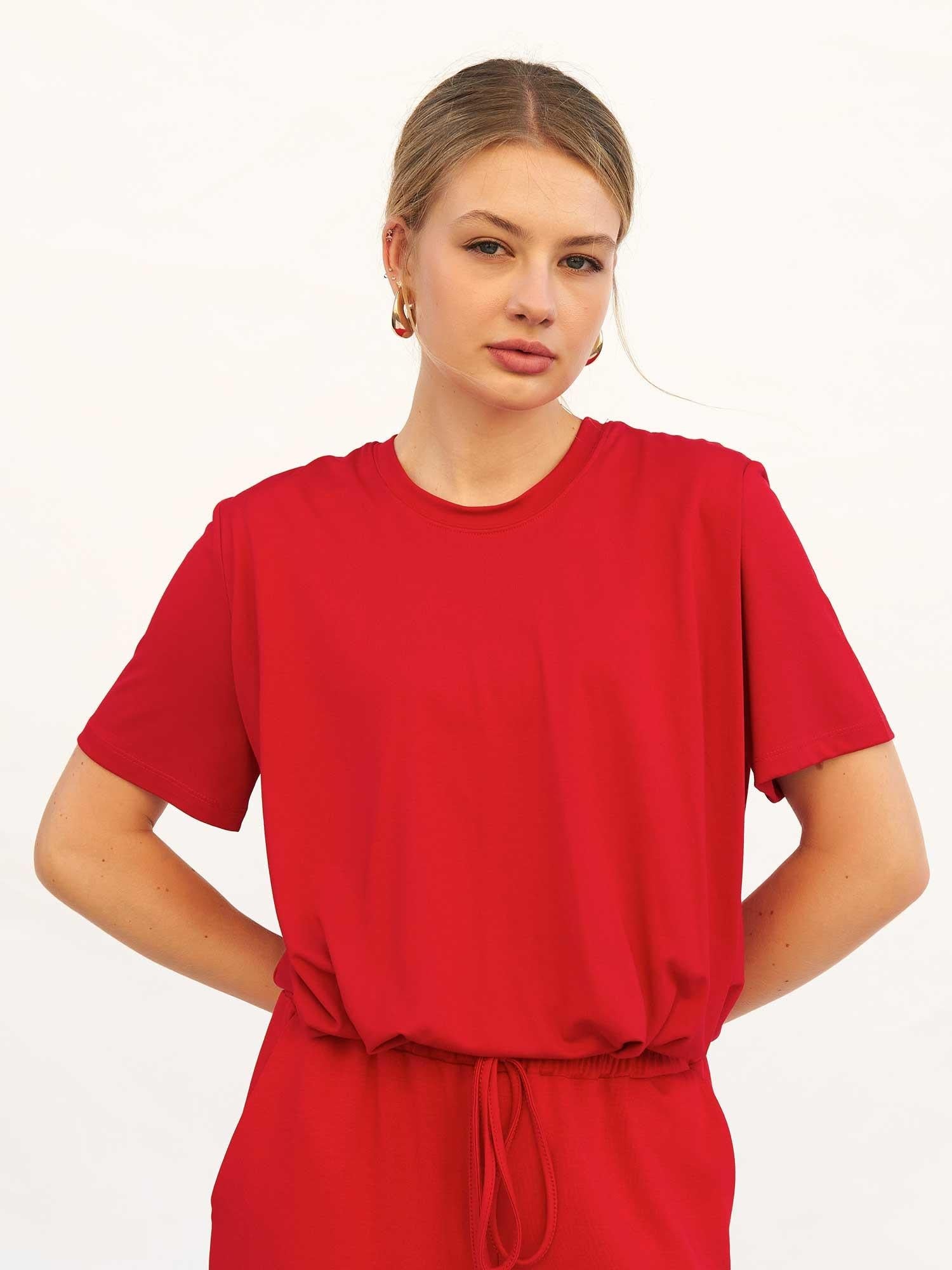 Women's Cotton-Blend Lounge T-Shirt and Trousers Set in Red - Lefon - by Peralane - photo 8
