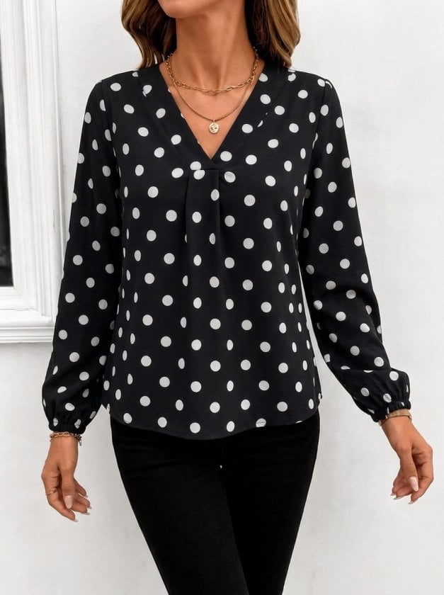 Women's Long-Sleeved V-Neck Polka Dot Blouse - Janes - by Peralane - photo 2