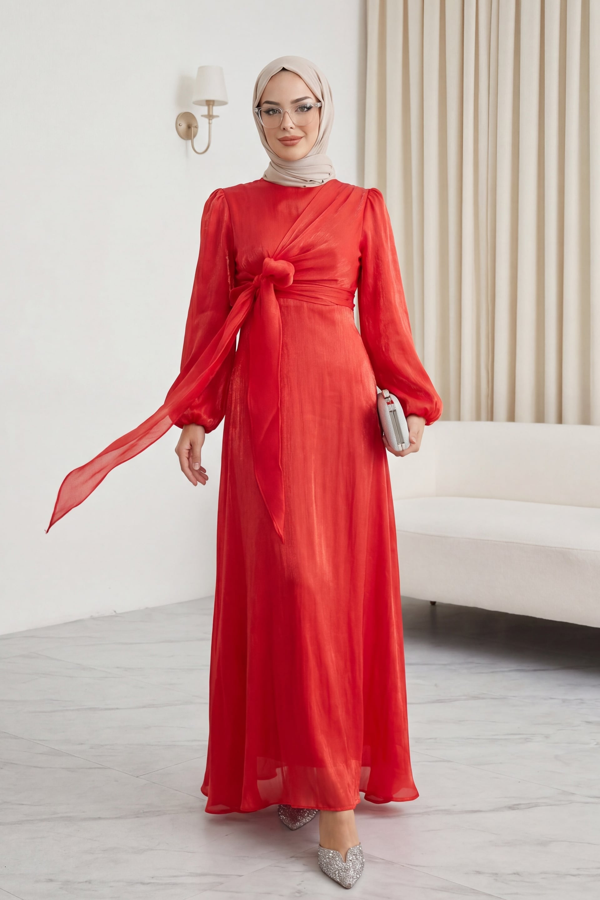 Red Cross-Front Tie Detail Shimmer Fabric Dress - Podyumplus - by Peralane