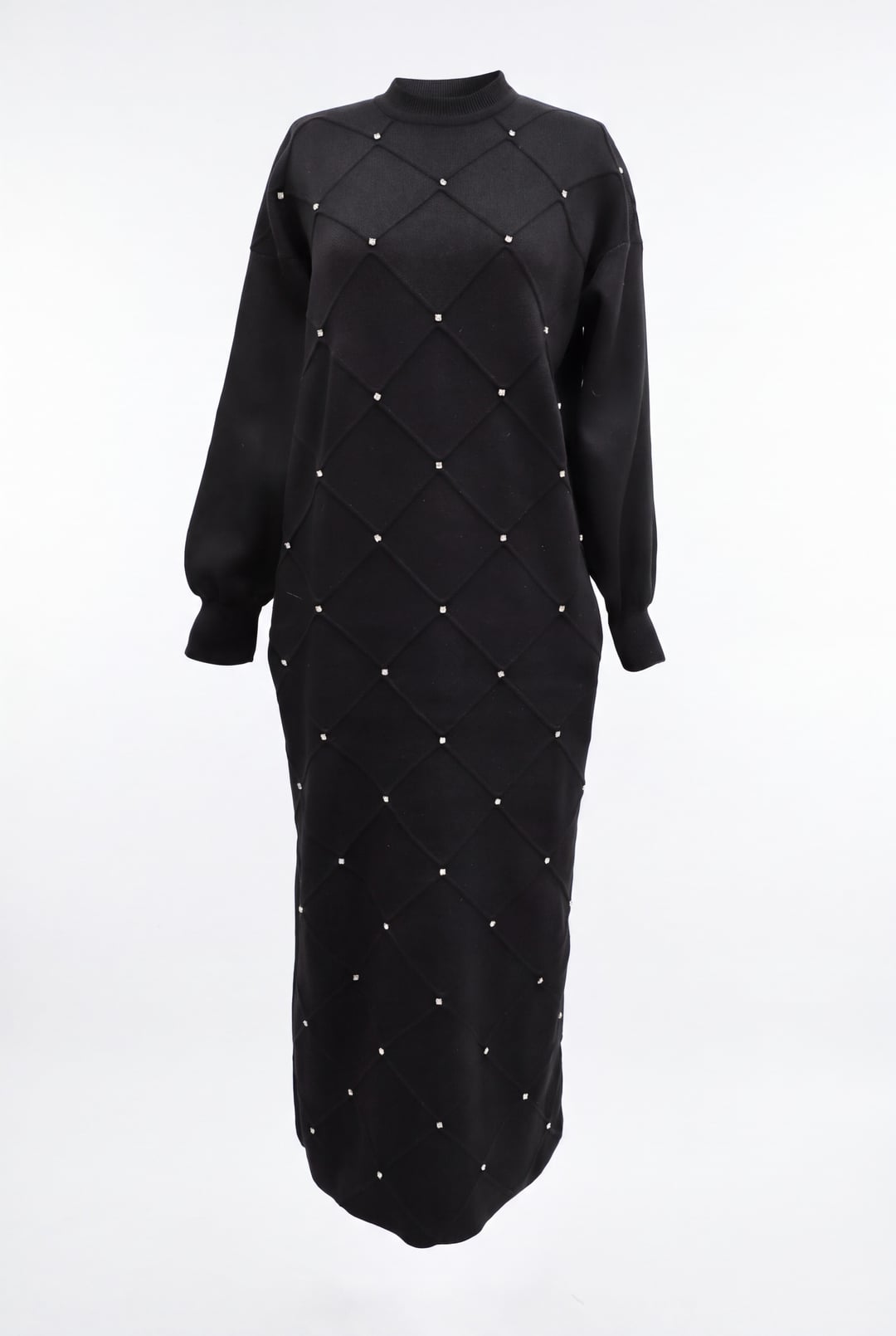 Black Stone-Detailed Square Pattern Balloon Sleeve Knit Dress - Podyumplus - by Peralane