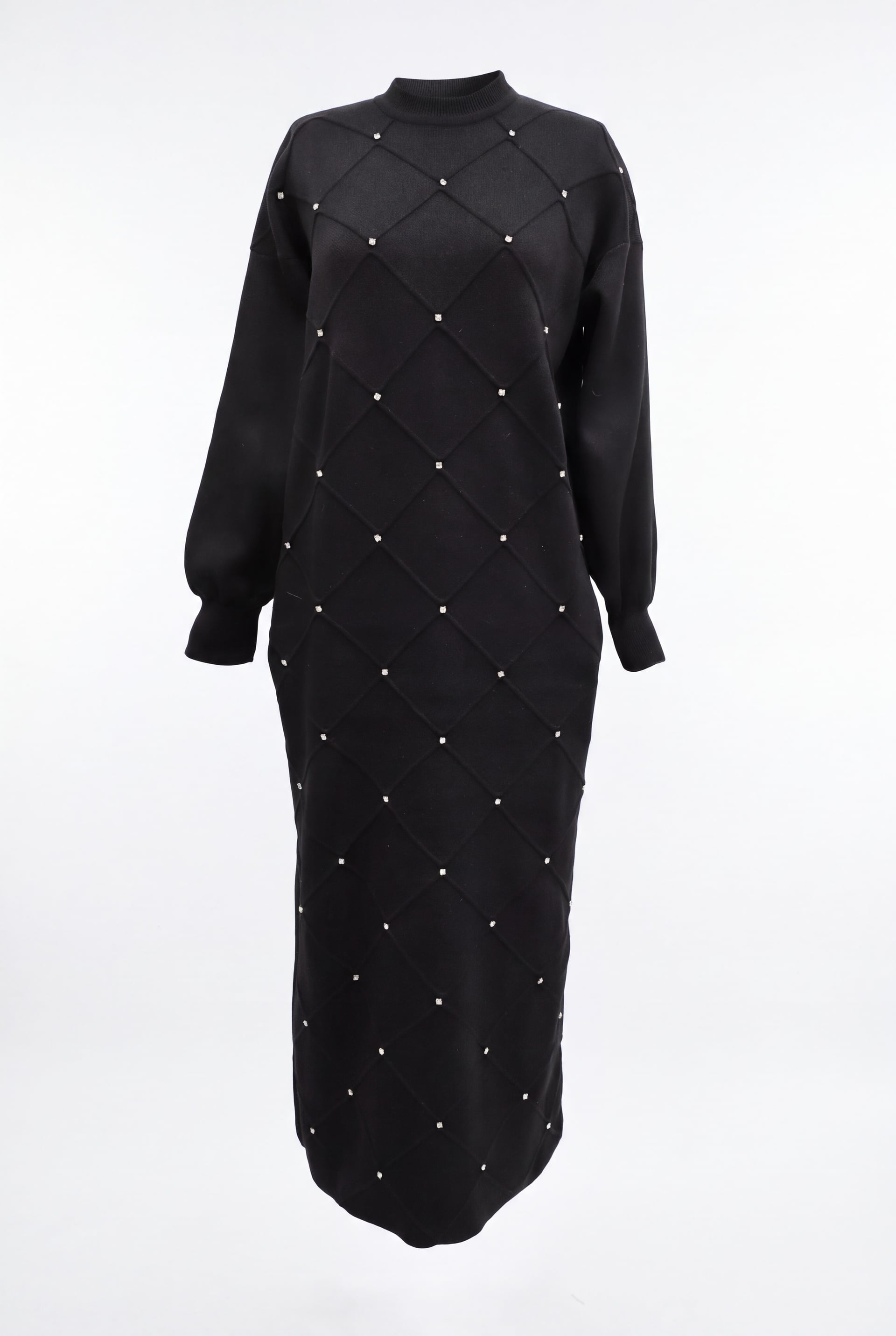 Black Stone-Detailed Square Pattern Balloon Sleeve Knit Dress - Podyumplus - by Peralane