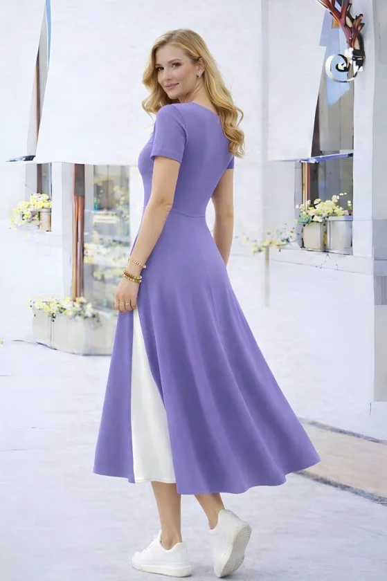 Women's Short Sleeve Asymmetric Neck Button Detail Midi Viscose Dress - Janes - by Peralane - photo 2