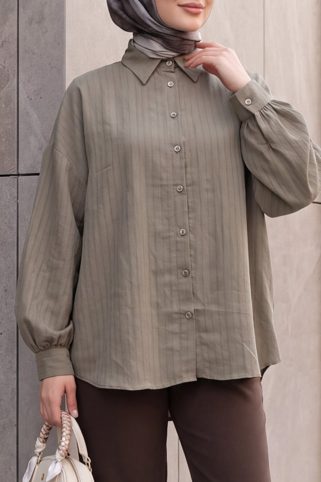 Long Back Oval Cut Buttoned Oversize Blouse - Light Brown - Podyumplus - by Peralane - photo 2