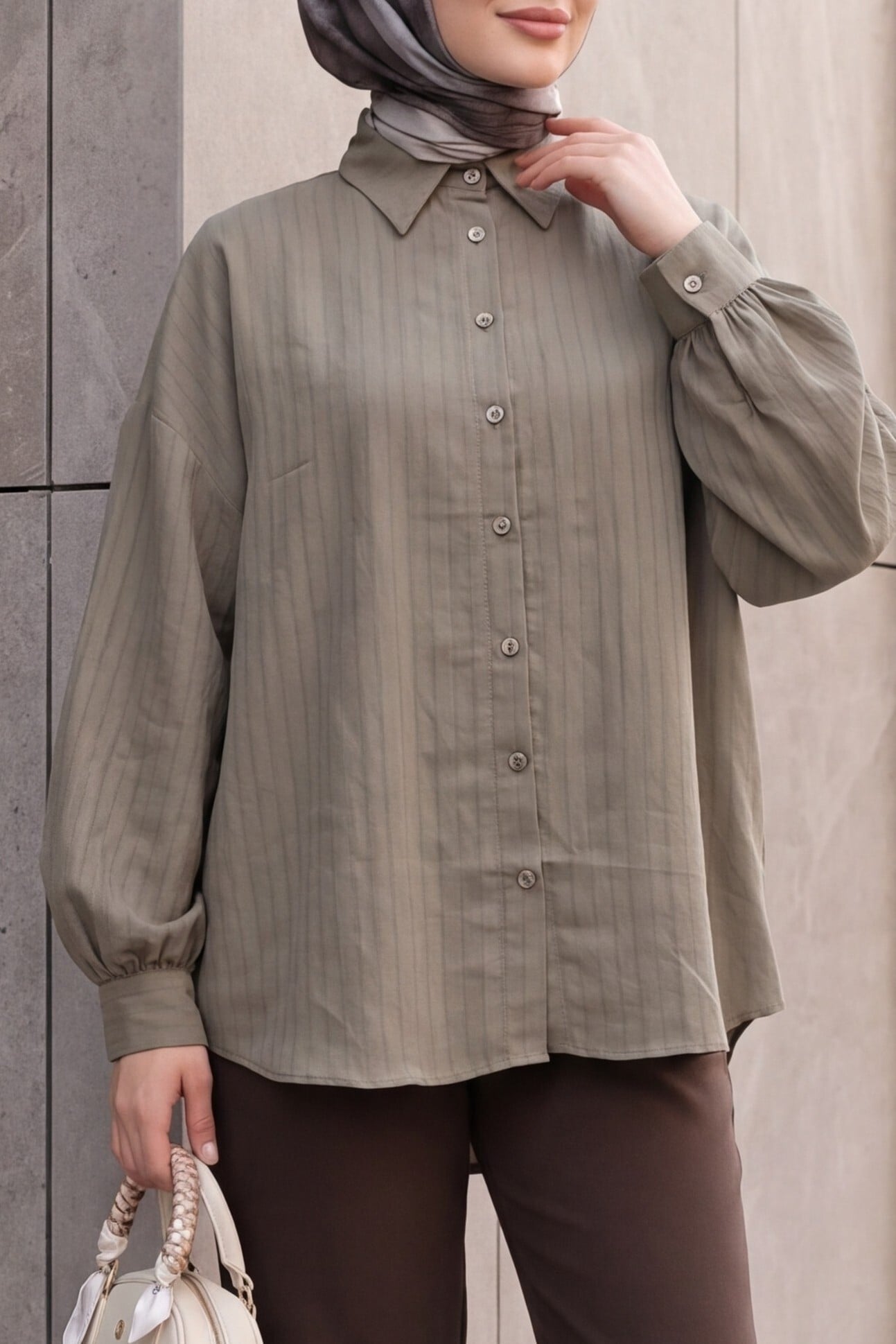 Long Back Oval Cut Buttoned Oversize Blouse - Light Brown - Podyumplus - by Peralane - photo 2