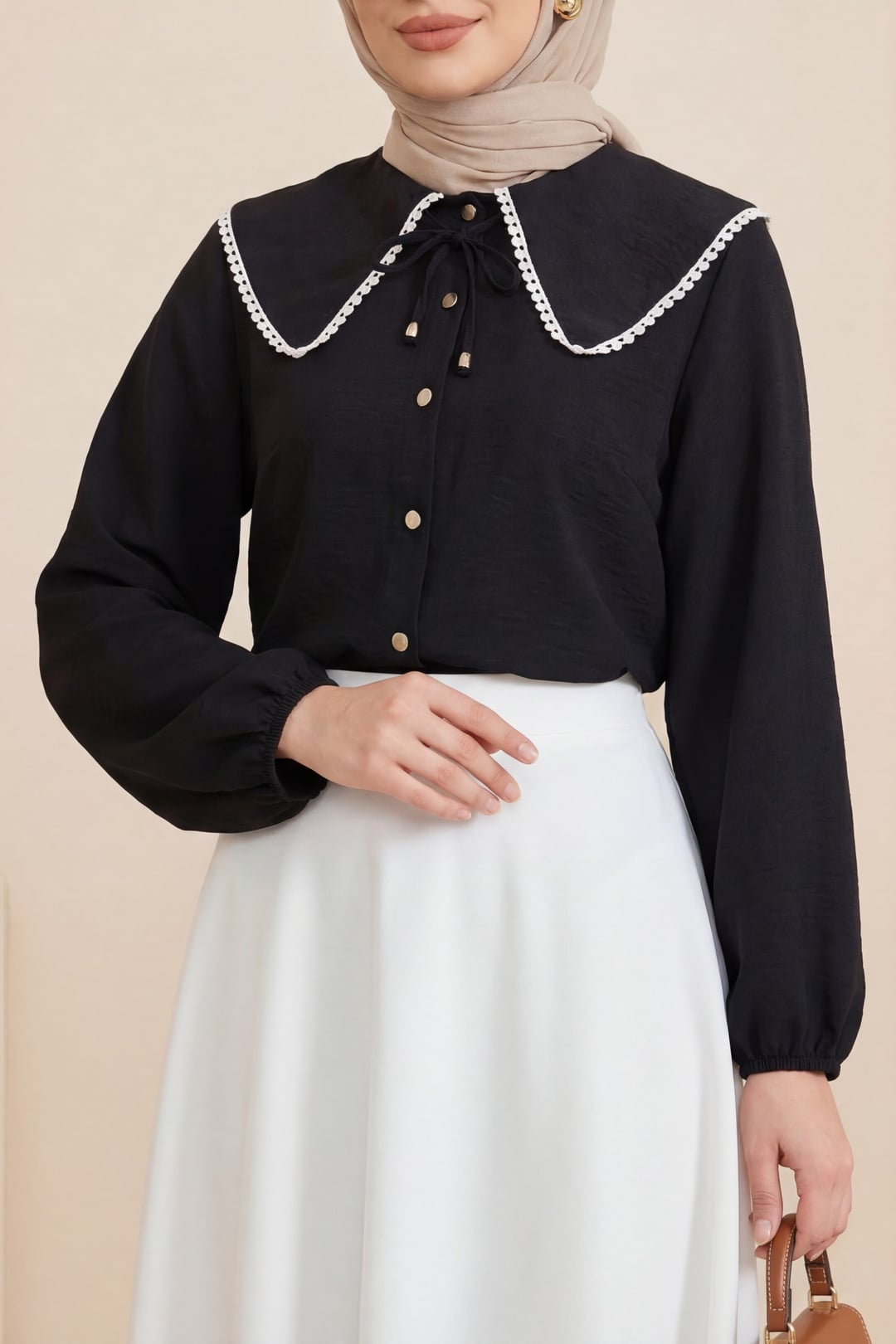 Peter Pan Collar Lace Long Sleeve Blouse - Black - Podyumplus - by Peralane - photo 5