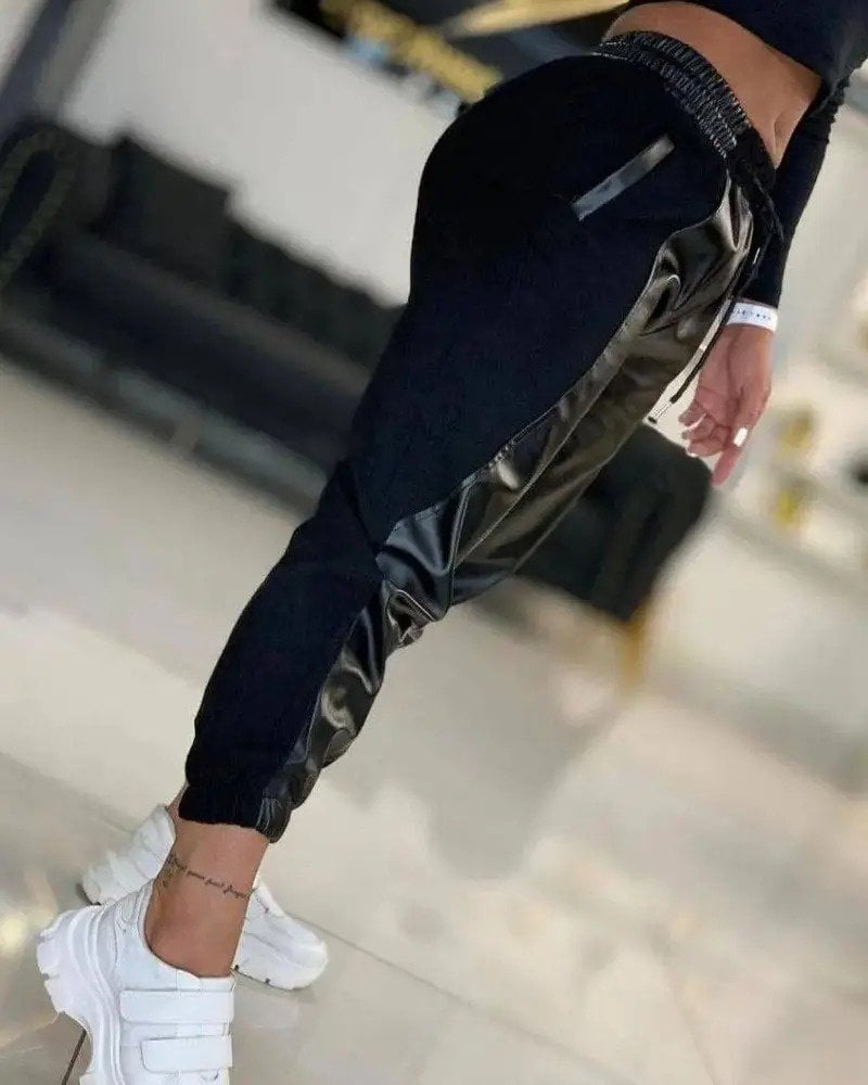 Women's High-Waist Elasticated Pocket Faux Leather Detail Track Pants - Janes - by Peralane