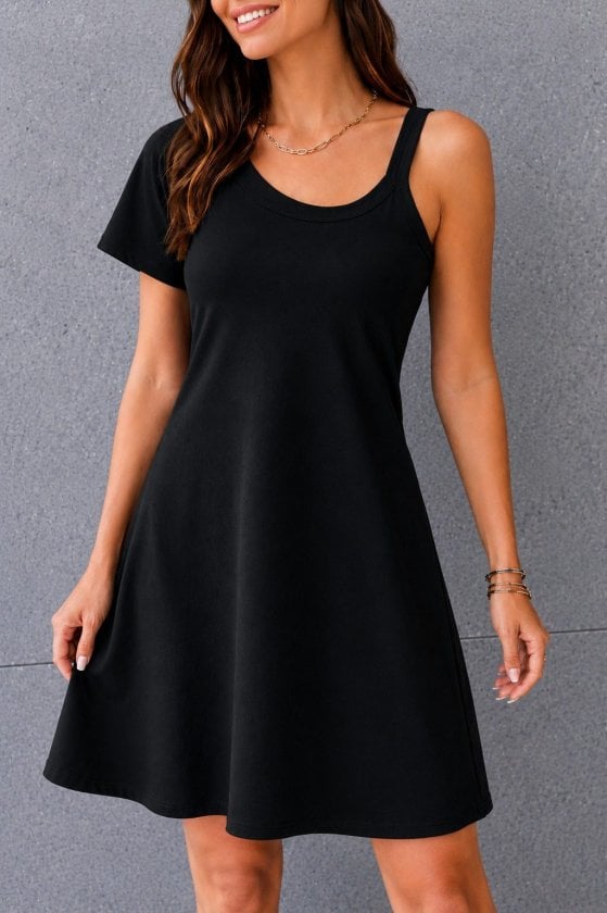 Women's One-Long-Sleeve One-Strap Round-Neck Short Viscose Dress - Janes - by Peralane