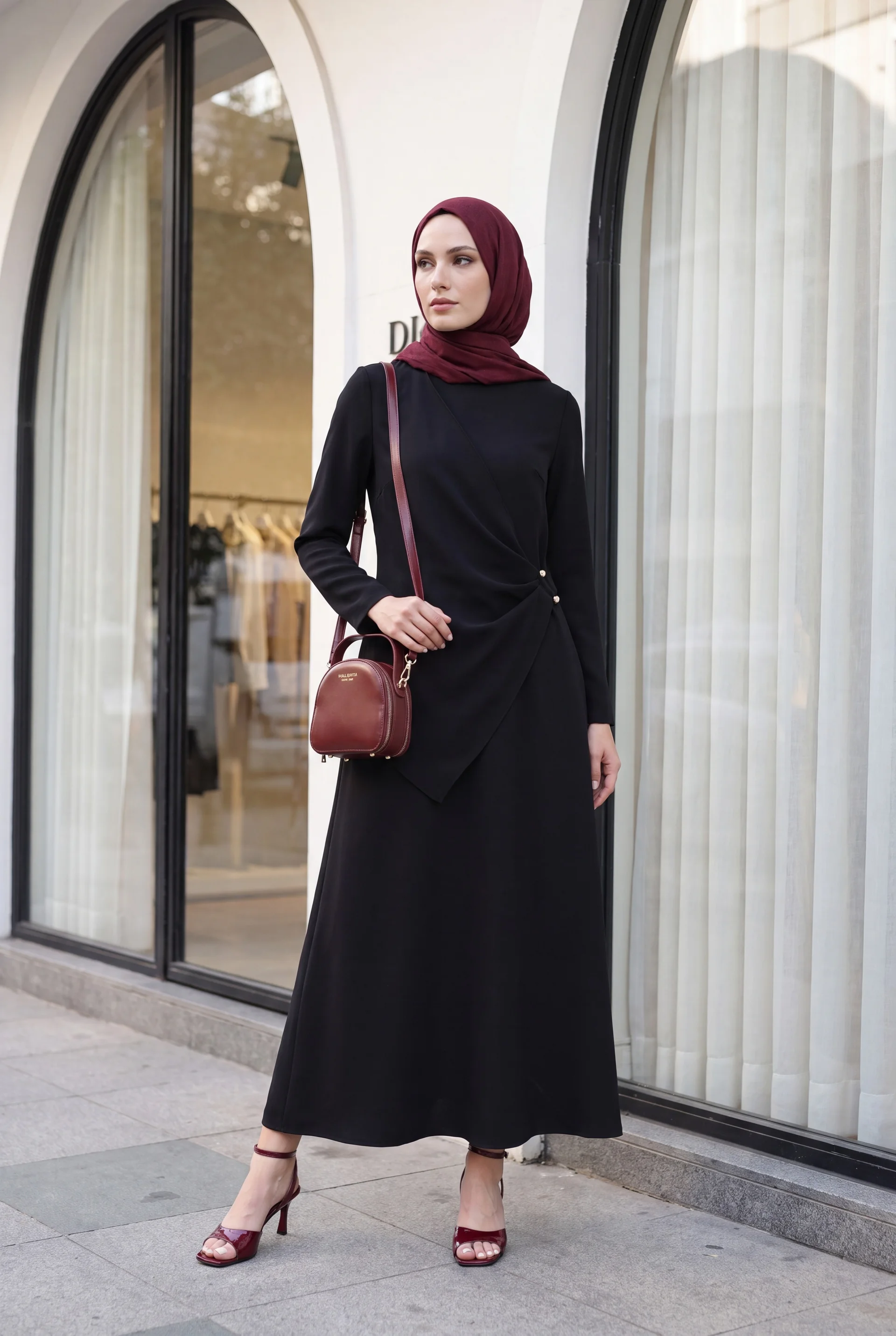 Black Round Neck Cross-Draped Buckle Imported Crepe Dress - Podyumplus - by Peralane
