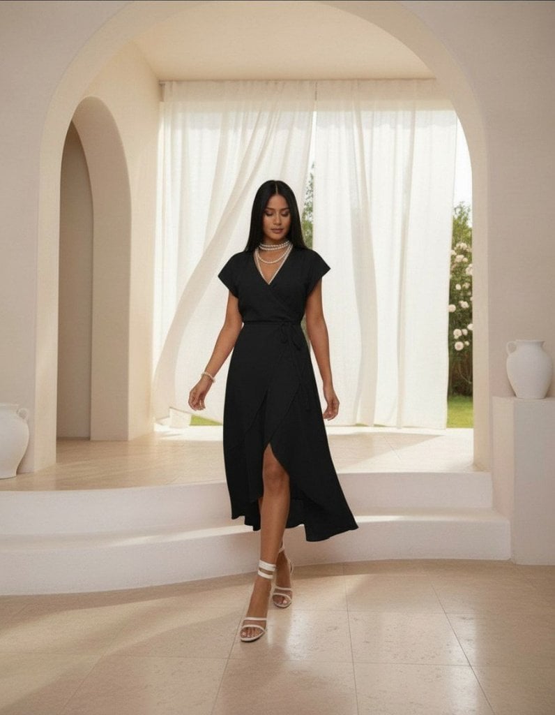 Women's Black Short-Sleeve Wrap Dress with Tie Waist - Janes - by Peralane - photo 2