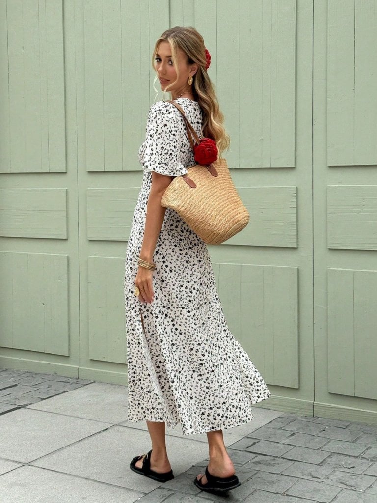Women's White Floral Print Midi Dress with V-Neck and Side Slit - Janes - by Peralane - photo 5