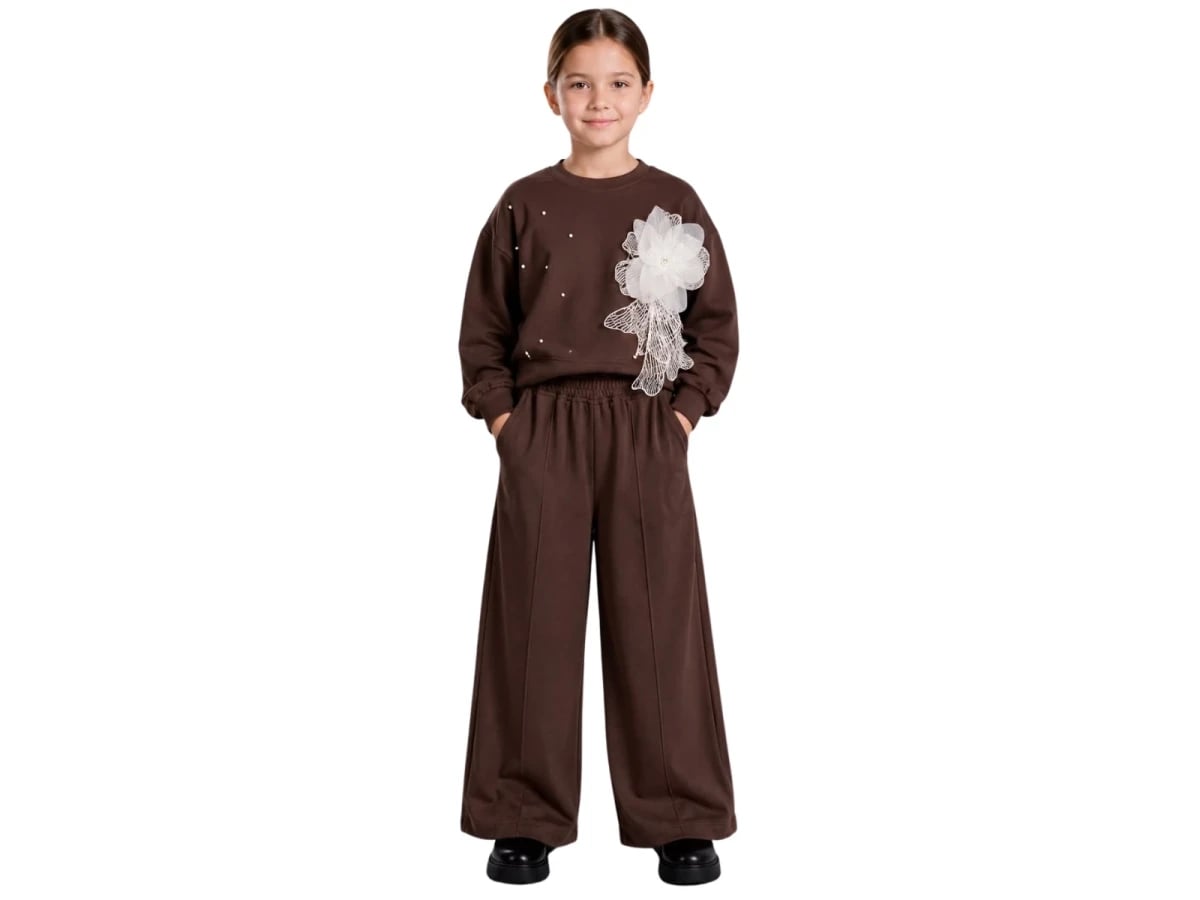 Girls' Embroidered Flower Sweatshirt and Wide-Leg Trousers Set - Dark Brown - Incilay - by Peralane