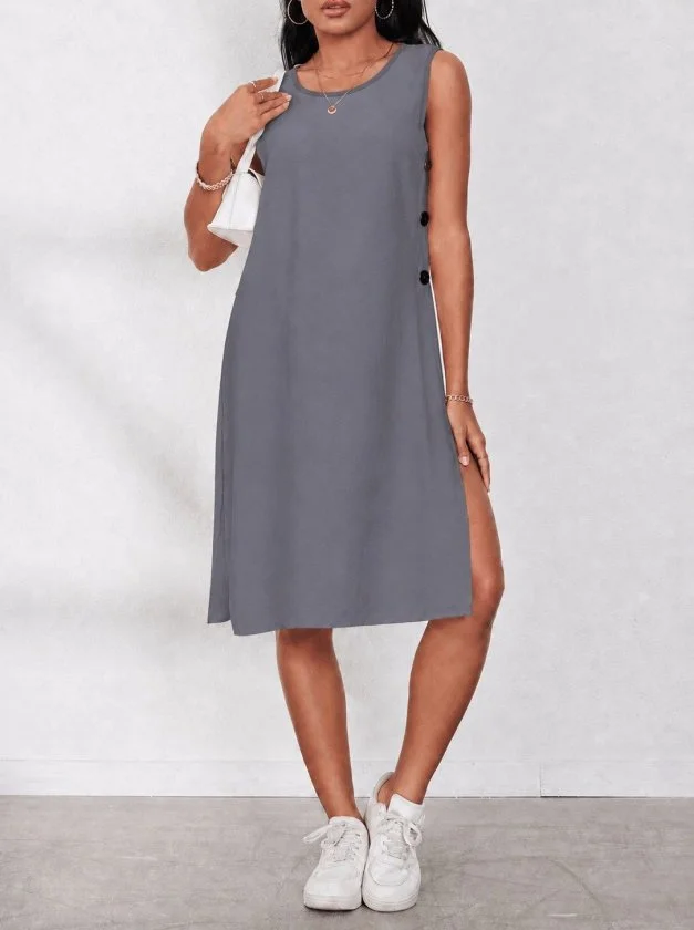 Women's Sleeveless Round Neck Side Button Short Dress - Janes - by Peralane - photo 2
