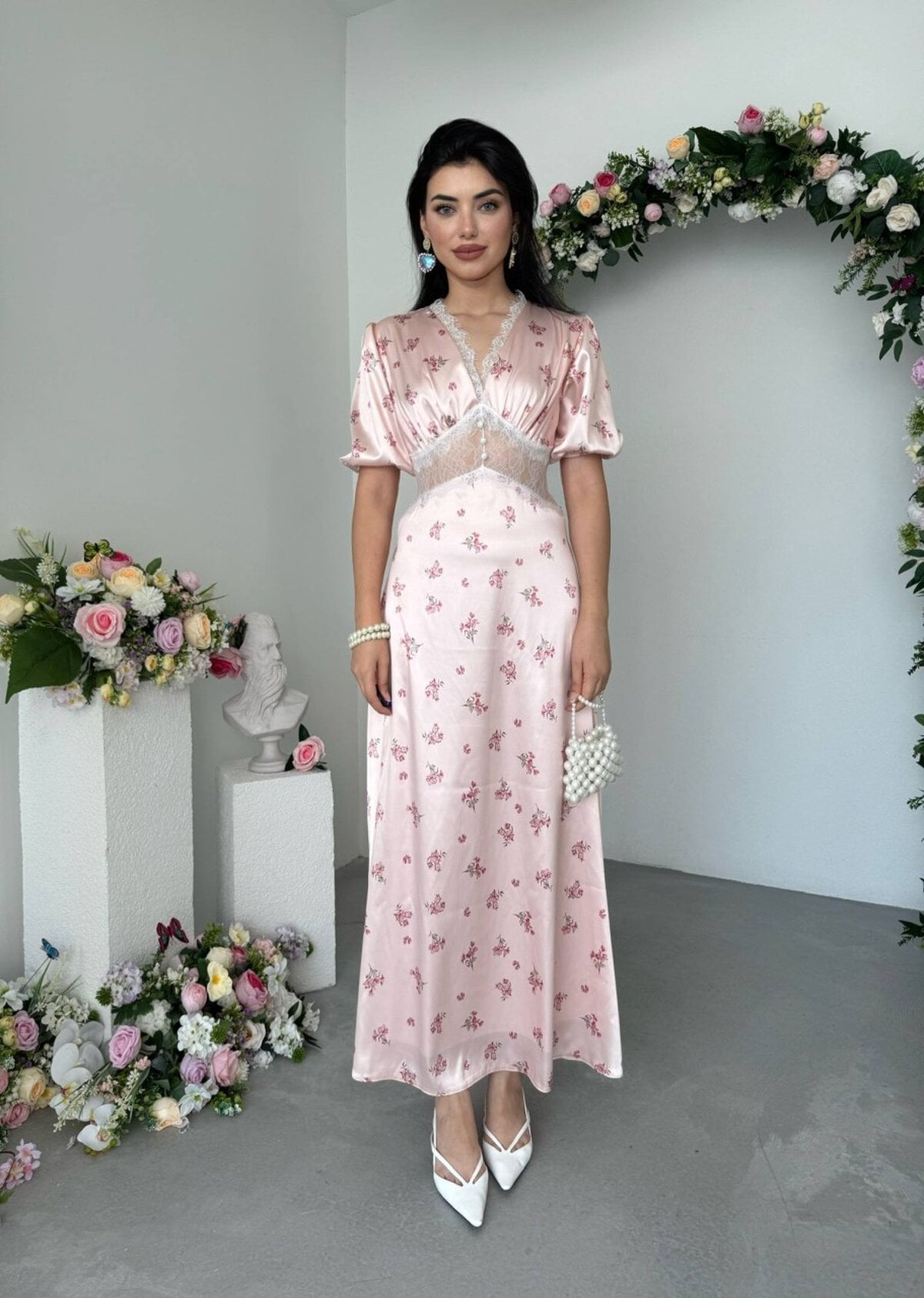 Pink Floral Satin Nightgown with Lace Trim - Etika - by Peralane - photo 6