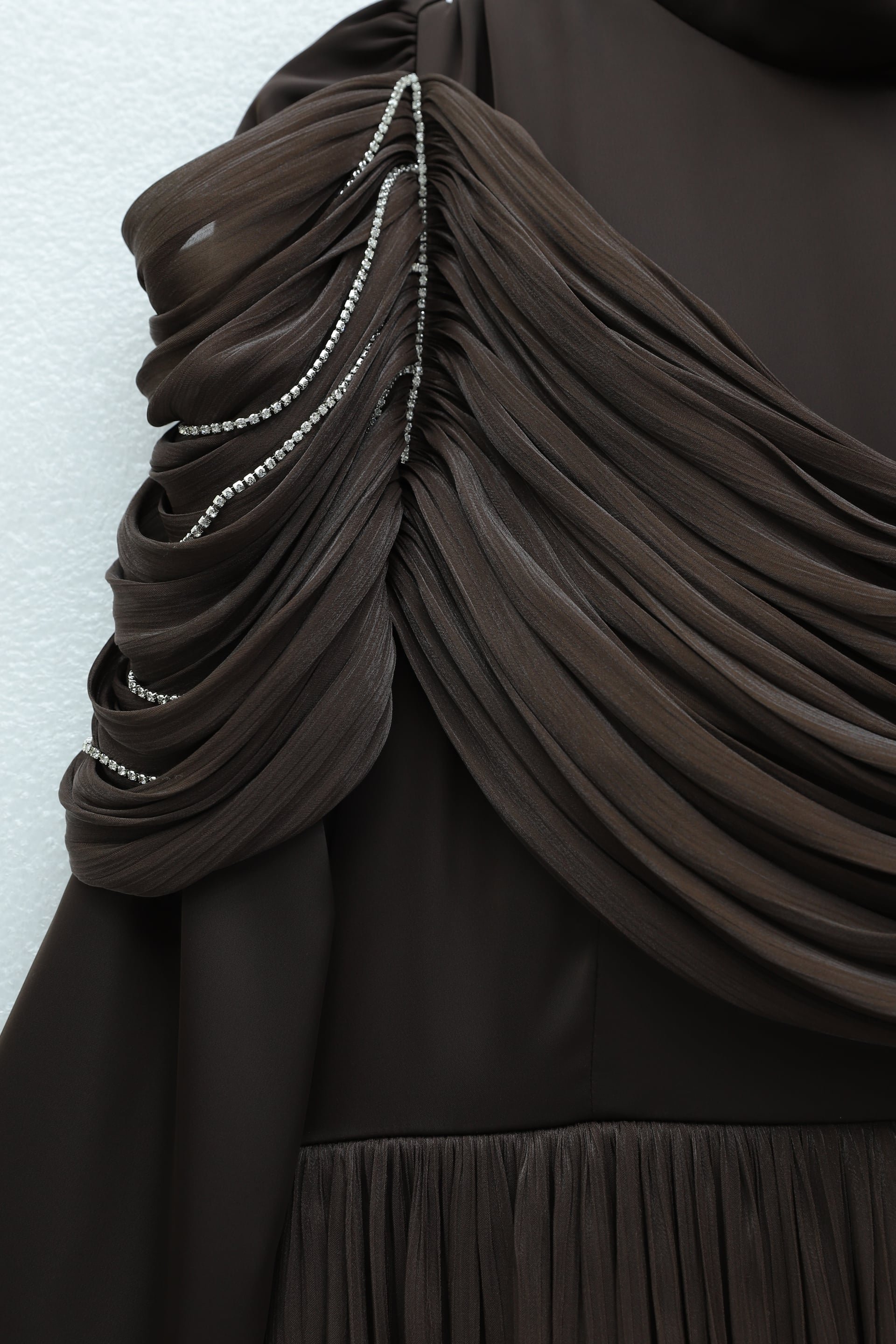 Elegant Brown Satin Evening Dress with Stone-Embellished Shoulders and Chiffon Overlay - Podyumplus - by Peralane - photo 5