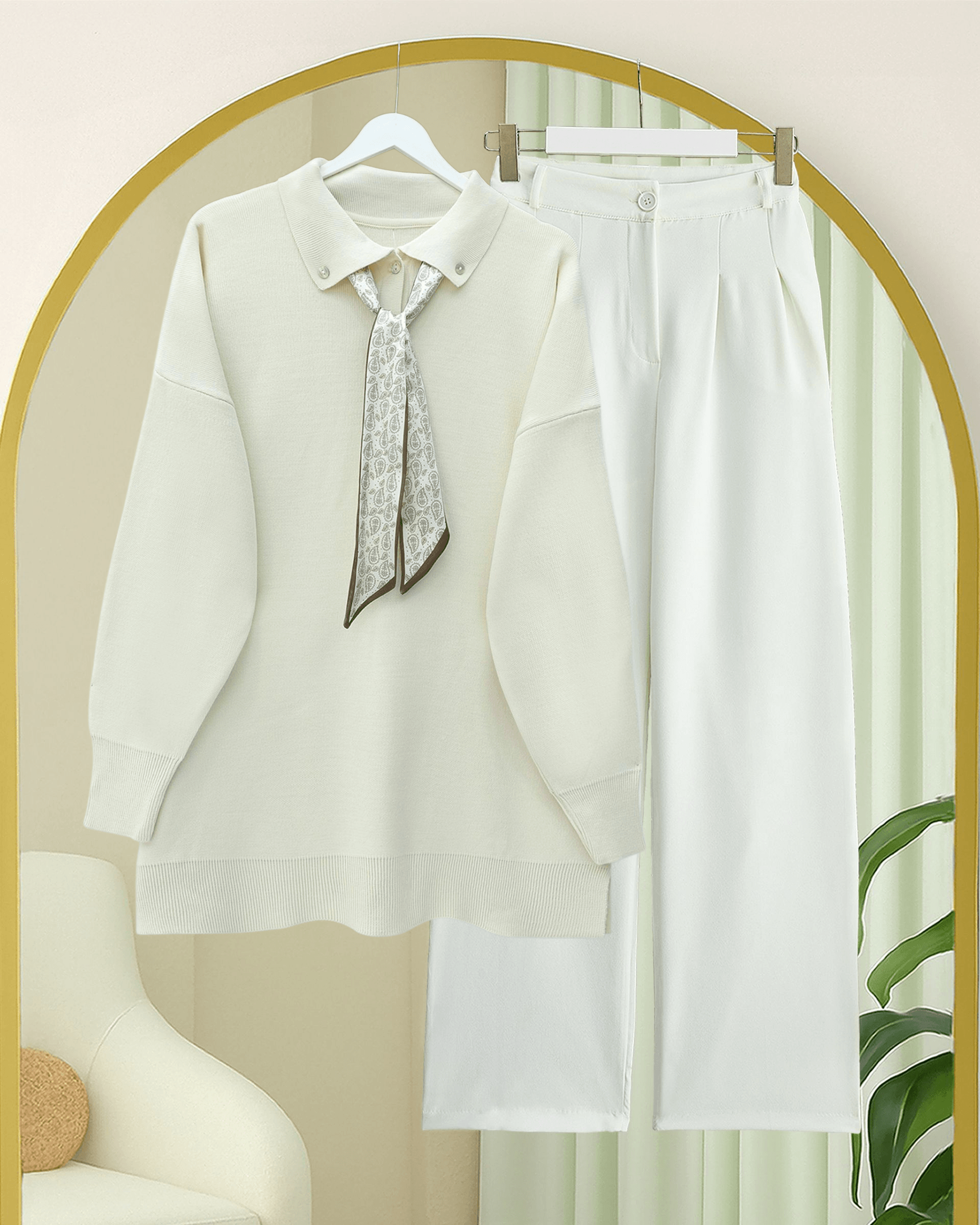Polo Collar Scarf Detail Slit Relaxed Knit Tunic - Cream - Podyumplus - by Peralane - photo 3
