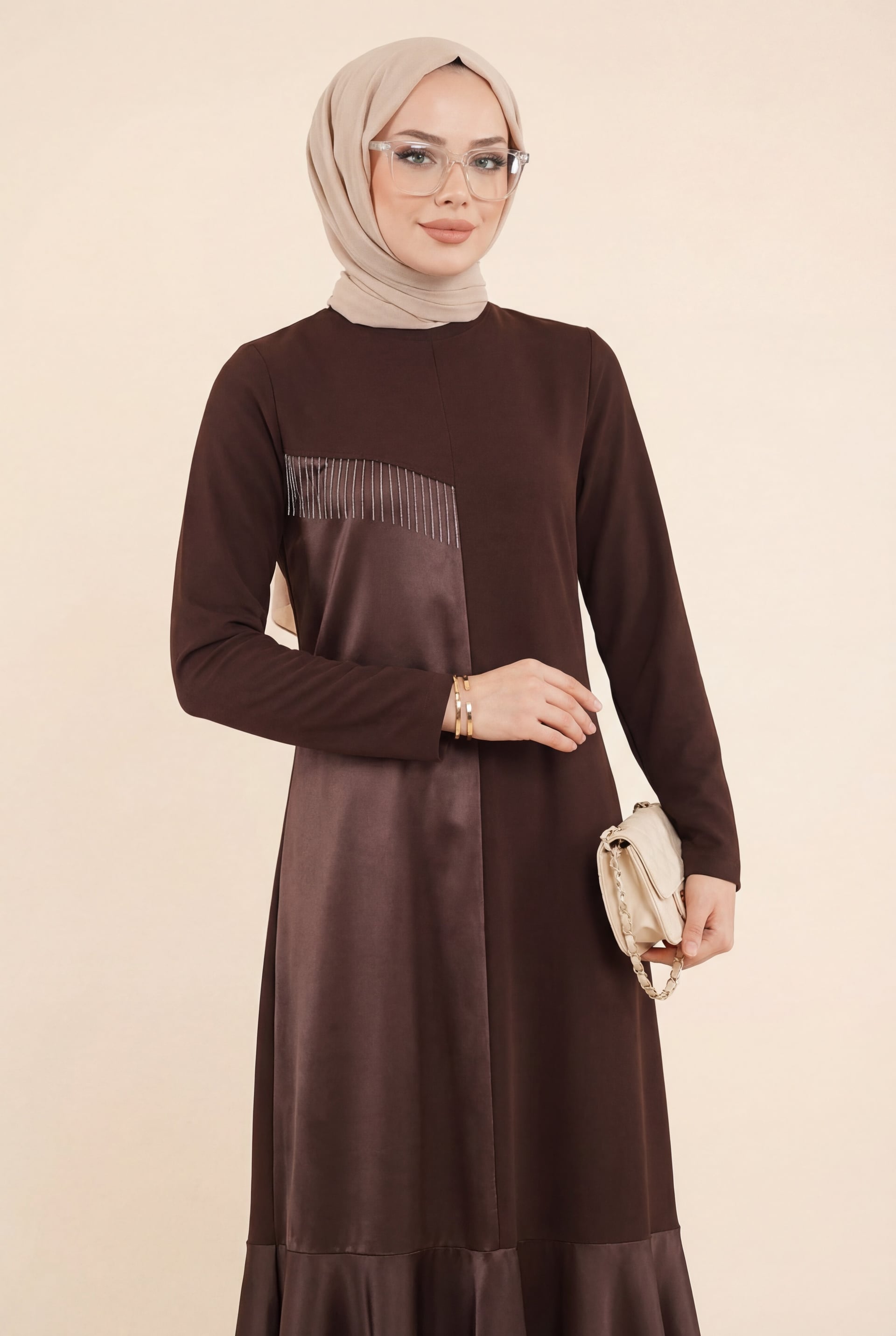 Women's Long-Sleeved Dark Brown Dress with Leather Details and Belt - Podyumplus - by Peralane - photo 3