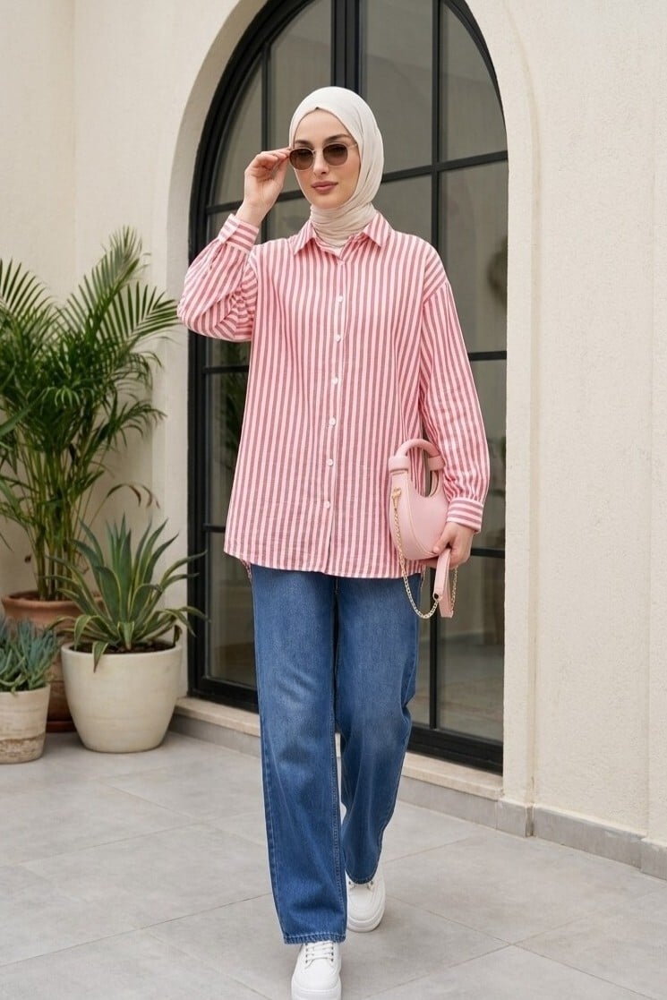 Striped Button-Front Blouse - Red - Podyumplus - by Peralane - photo 5