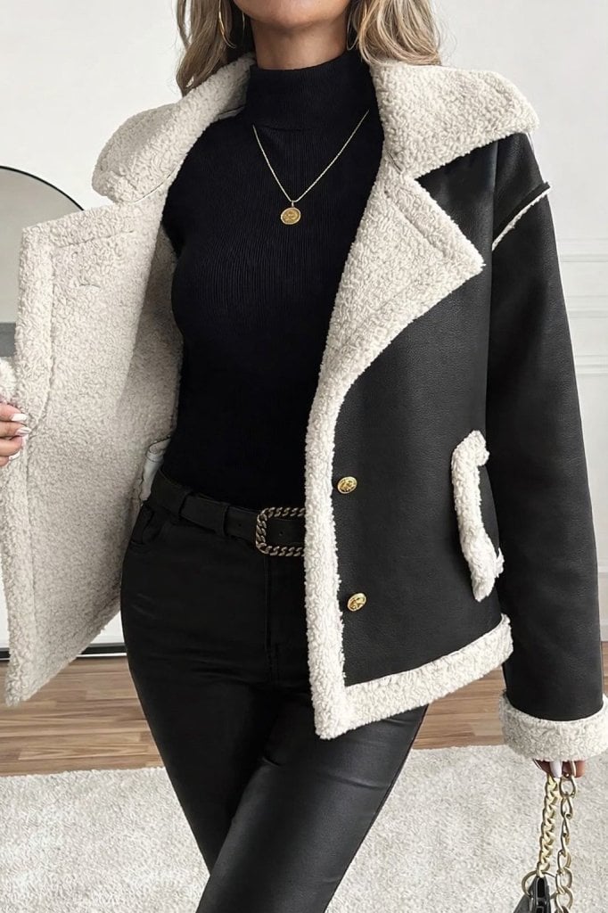 Women's Black Faux Leather Jacket with Sherpa Trim and Button Front - Janes - by Peralane - photo 2