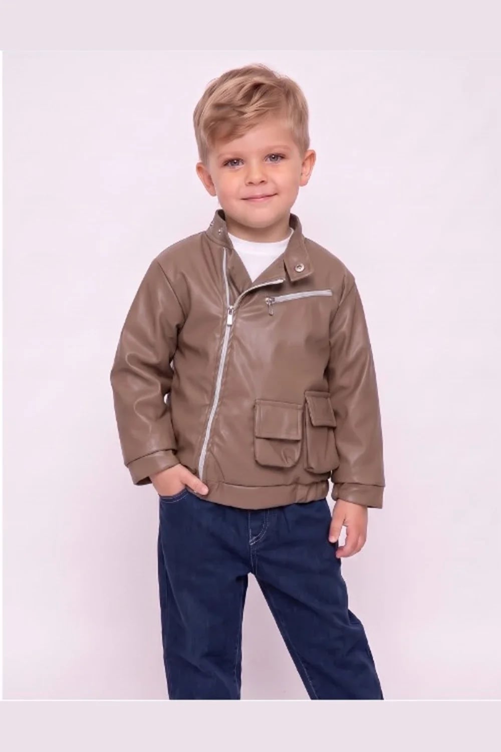 Boys' 3-Piece Set with Faux Leather Jacket, Trousers, and T-Shirt - Beige - Has Bereket - by Peralane