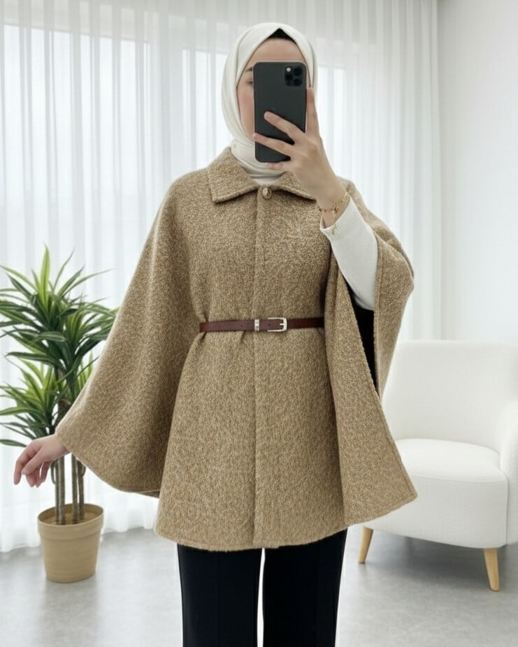 Single-Button Belted Mohair-Look Cape - Mink - Podyumplus - by Peralane - photo 2