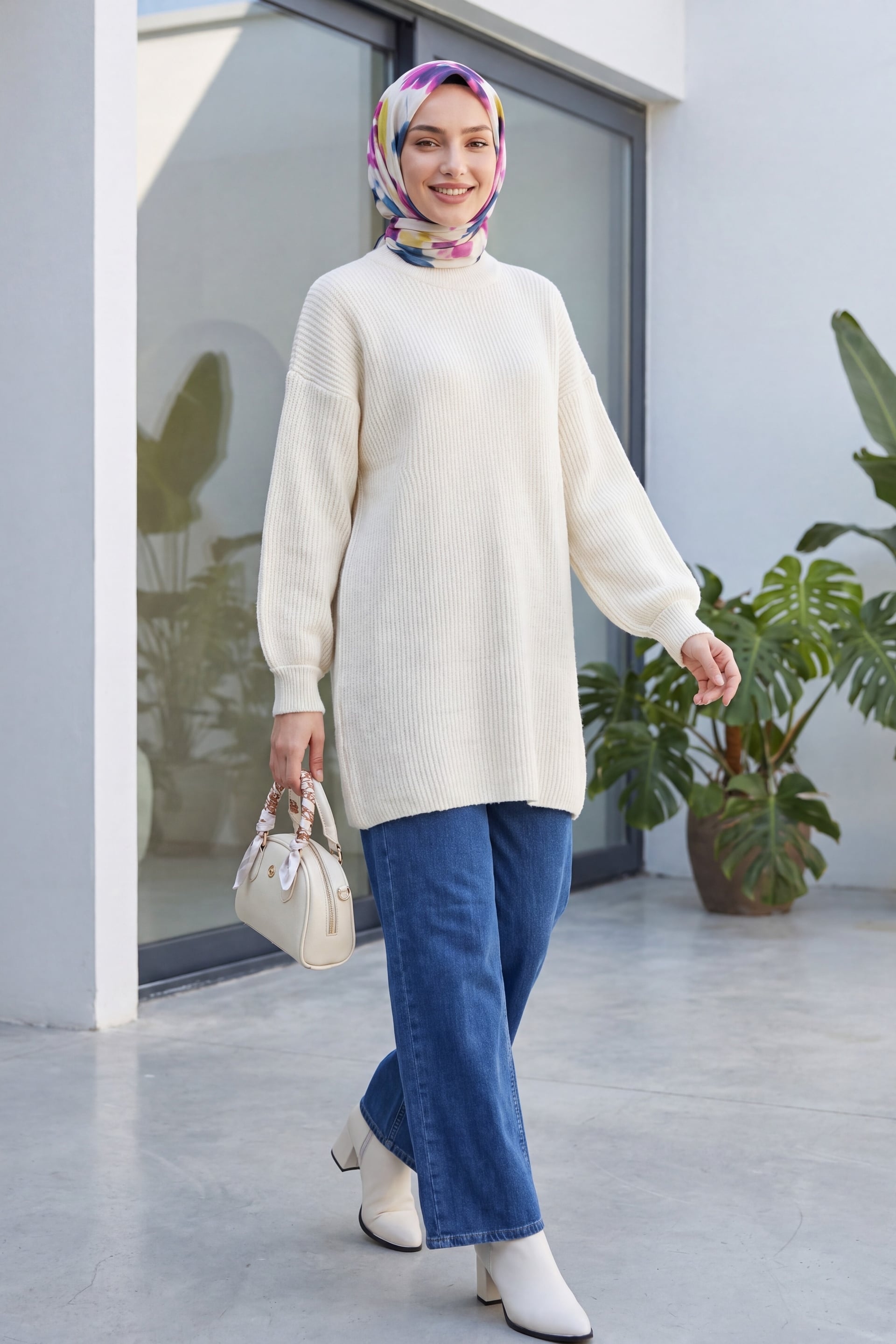 Crew Neck Relaxed Knit Tunic - Ecru - Podyumplus - by Peralane - photo 4
