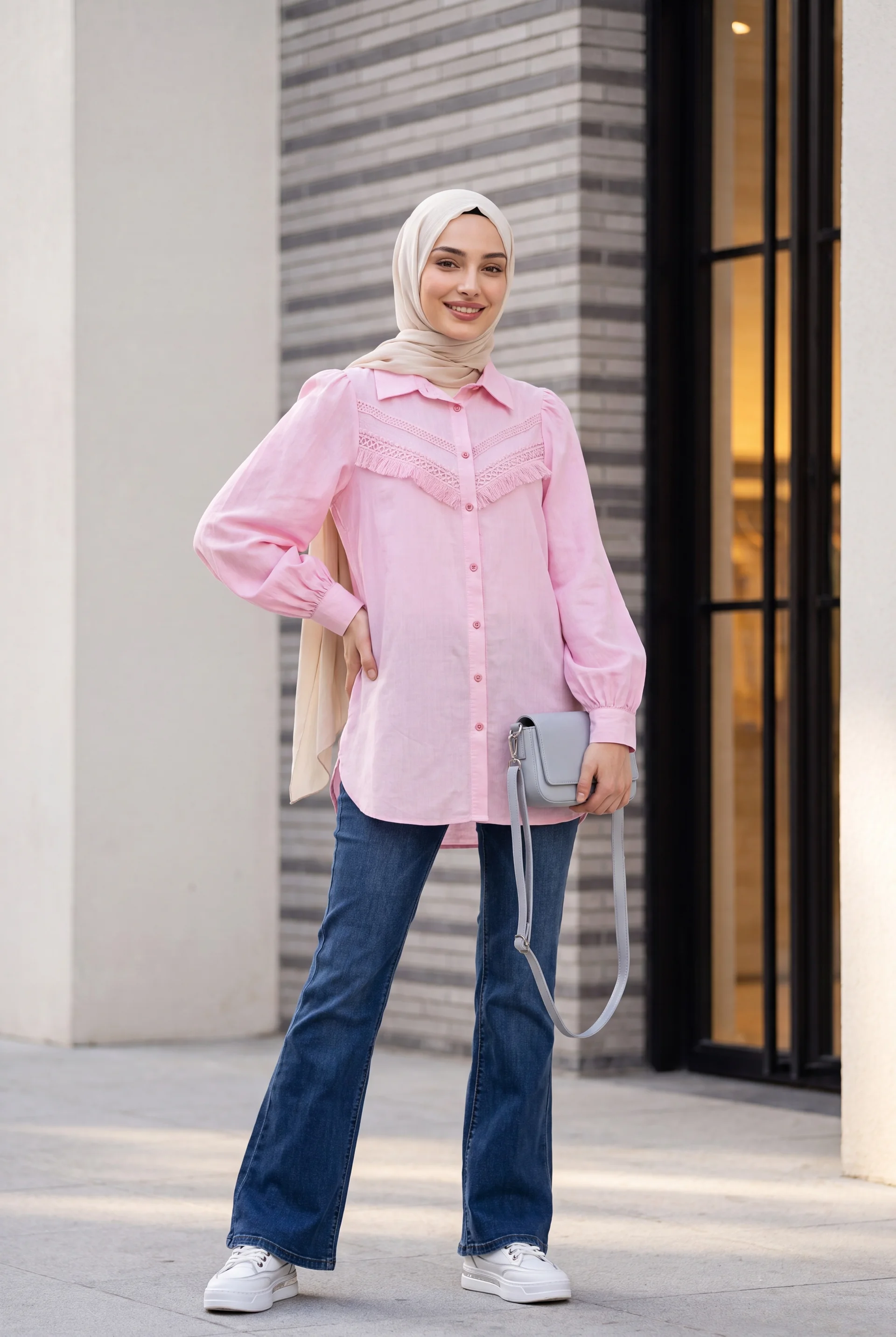 Gathered Shoulder Tunic Blouse with Fringe Trim - Powder Pink - Podyumplus - by Peralane - photo 3