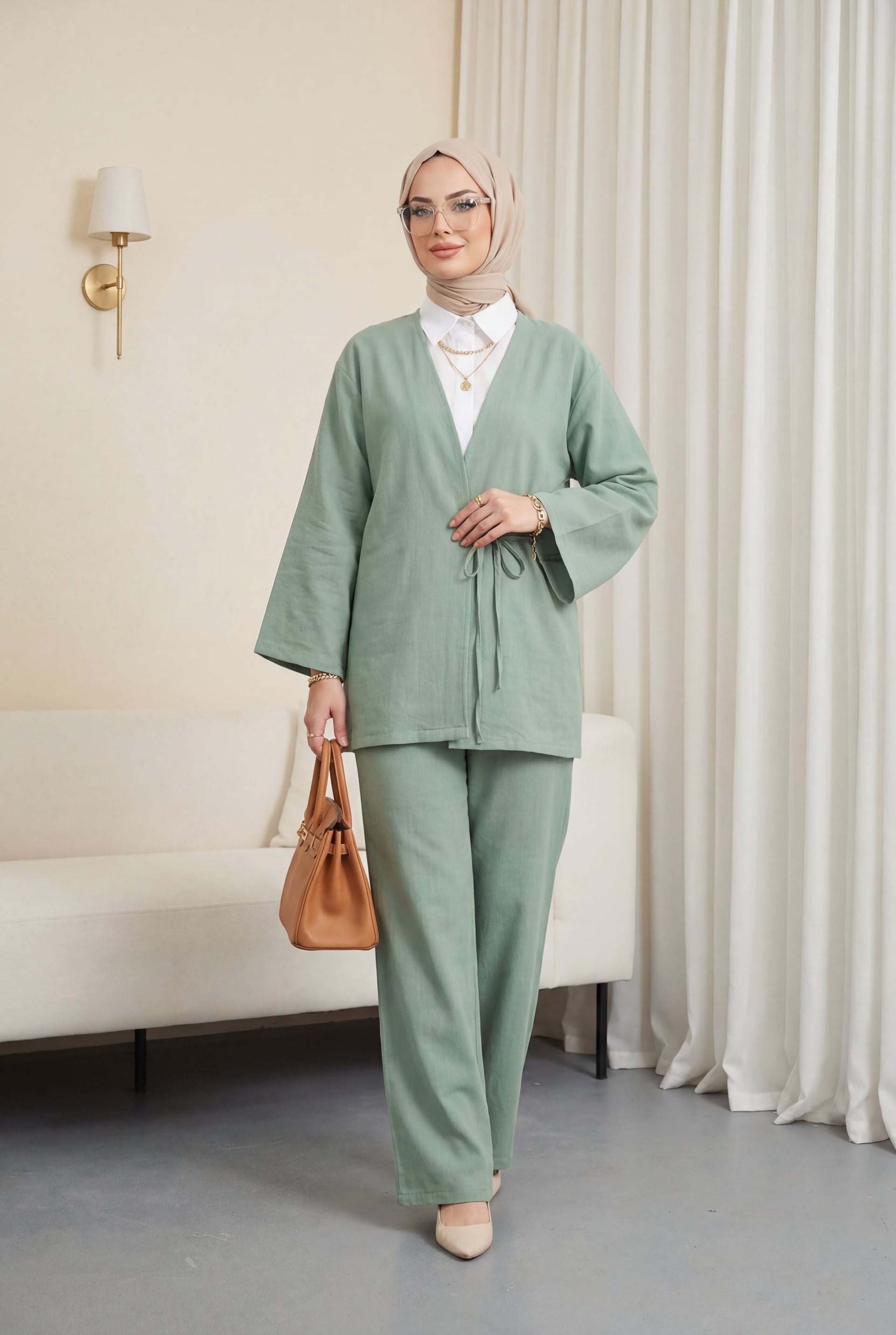 Tie-Front Wide-Leg Kimono Set with Trousers - Sage Green - Podyumplus - by Peralane - photo 4