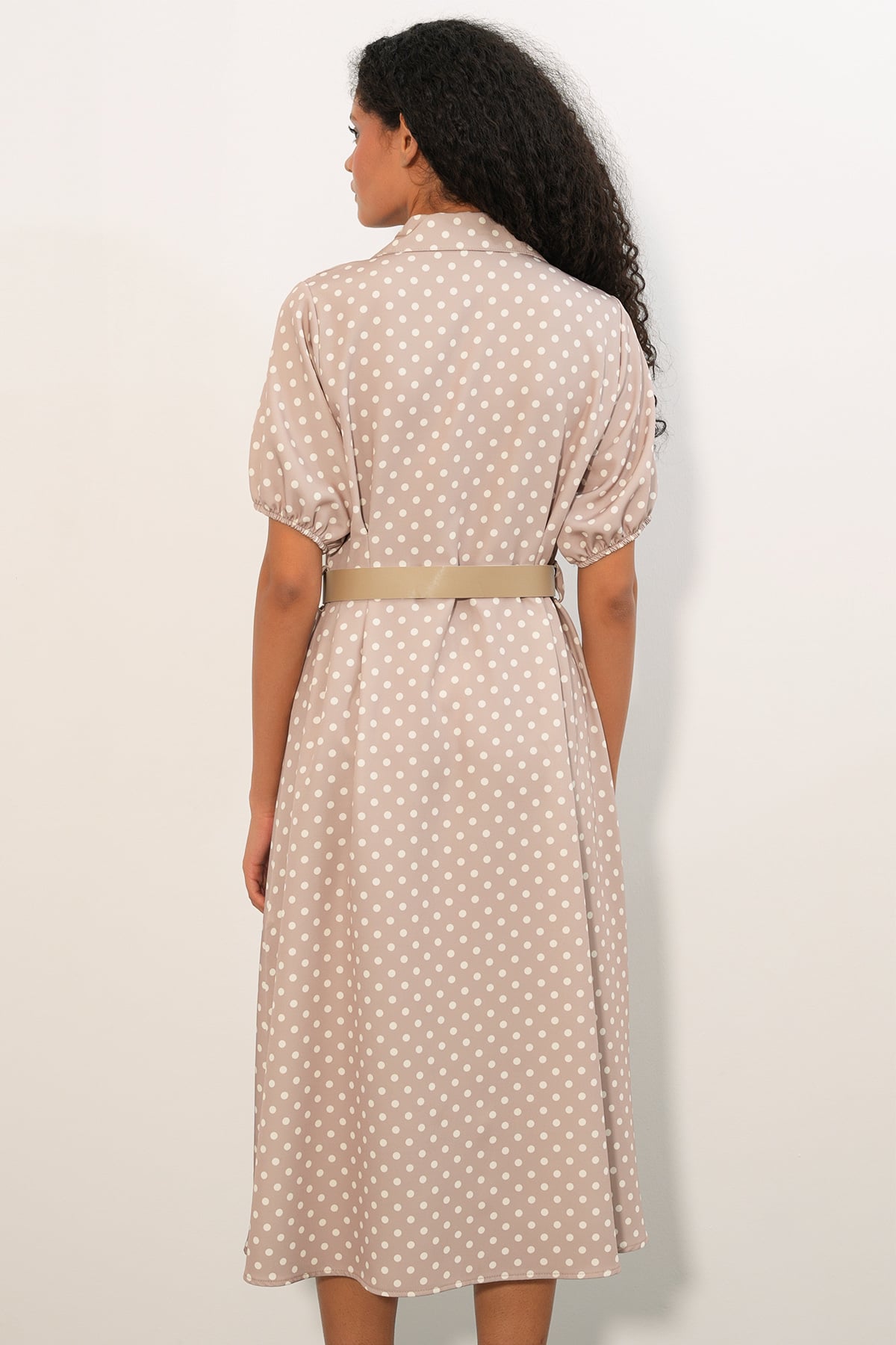Women's Beige Polka Dot Midi Dress with Belt - Bigdart - by Peralane - photo 5