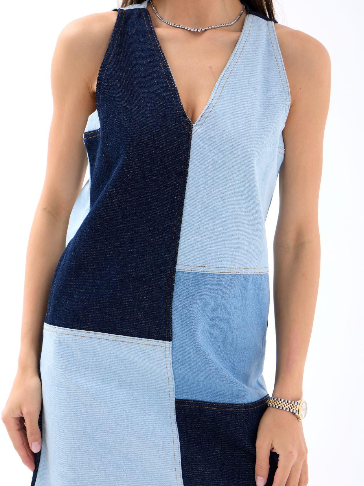 Women's Blue Denim Patchwork Sleeveless Dress - Fame - by Peralane - photo 2