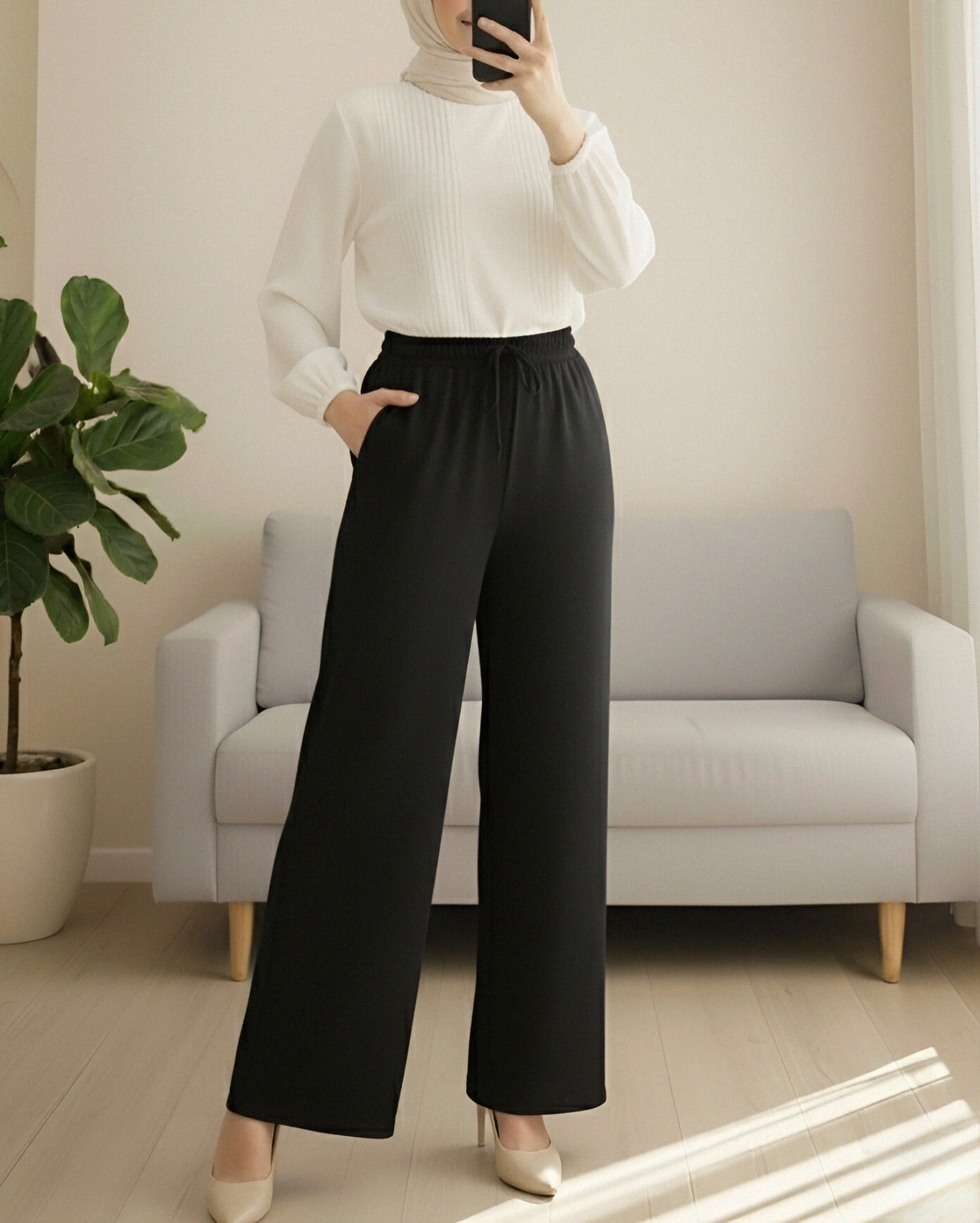 Black Wide-Leg Trousers with Drawstring Waist and Pockets - Podyumplus - by Peralane - photo 4