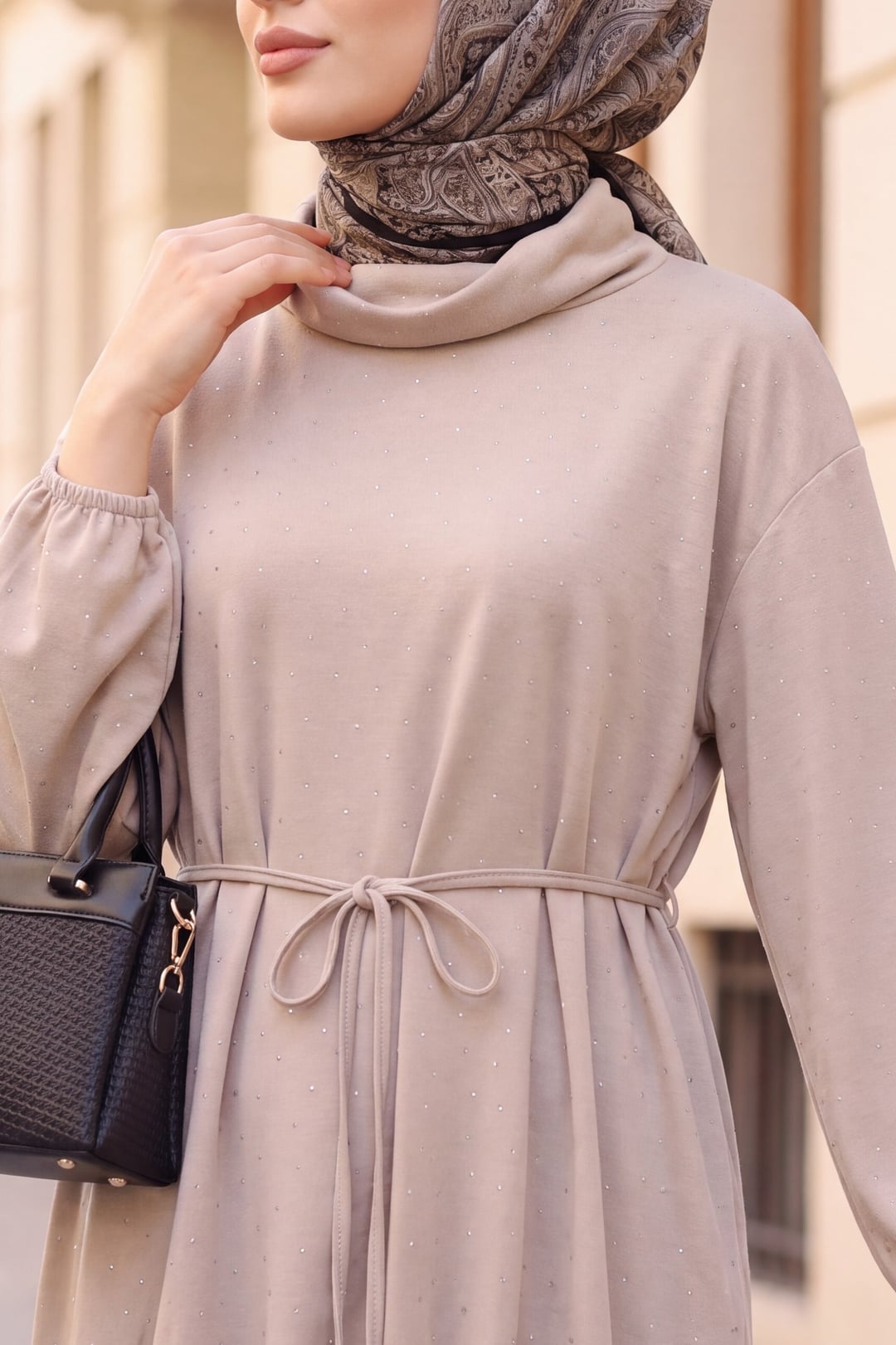 Half-Neck Drawstring Waist Sweatshirt Tunic - Light Beige - Podyumplus - by Peralane - photo 4