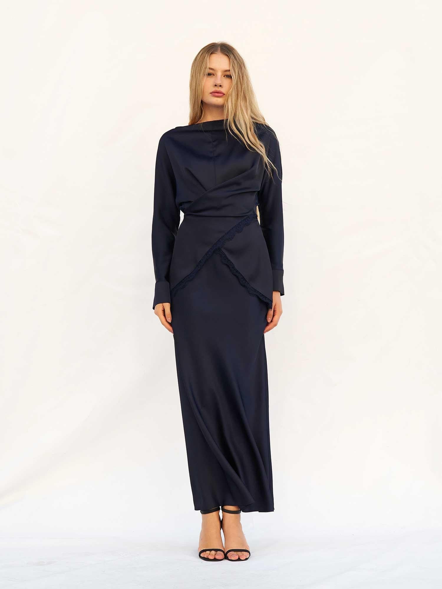 Navy Blue Satin Wrap Dress with Lace Trim - Lefon - by Peralane