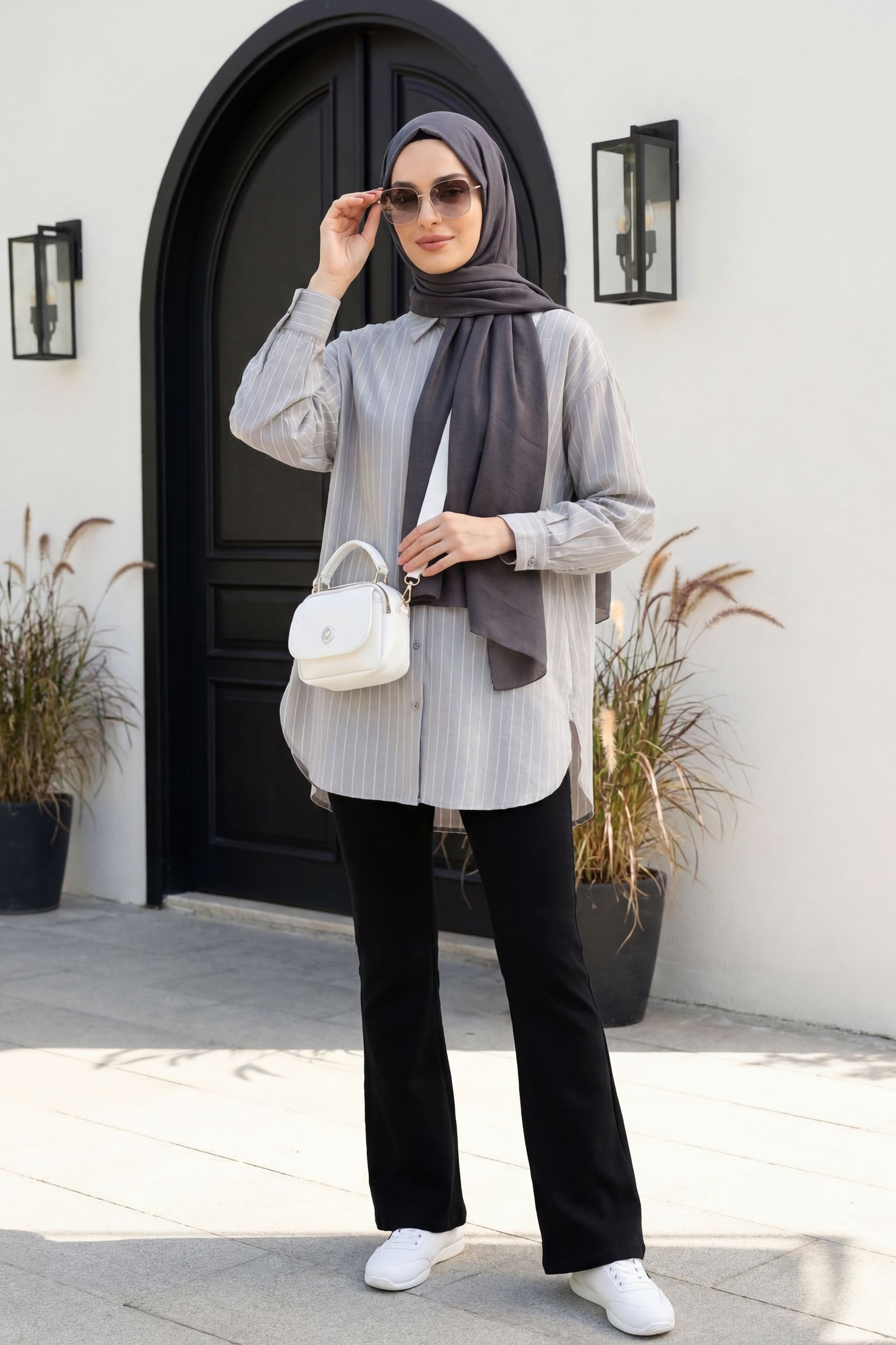 Striped Oversized Tunic Blouse with Side Slits - Light Grey - Podyumplus - by Peralane - photo 3