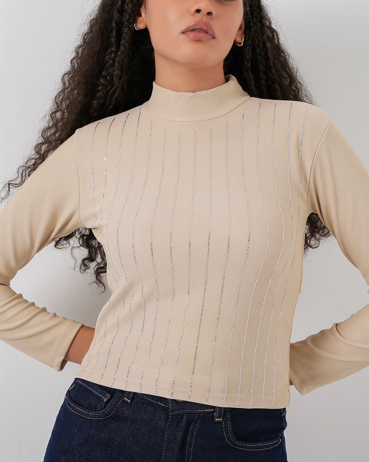 Stone-Trimmed Long-Sleeve Body Top in Beige - Bigdart - by Peralane - photo 3