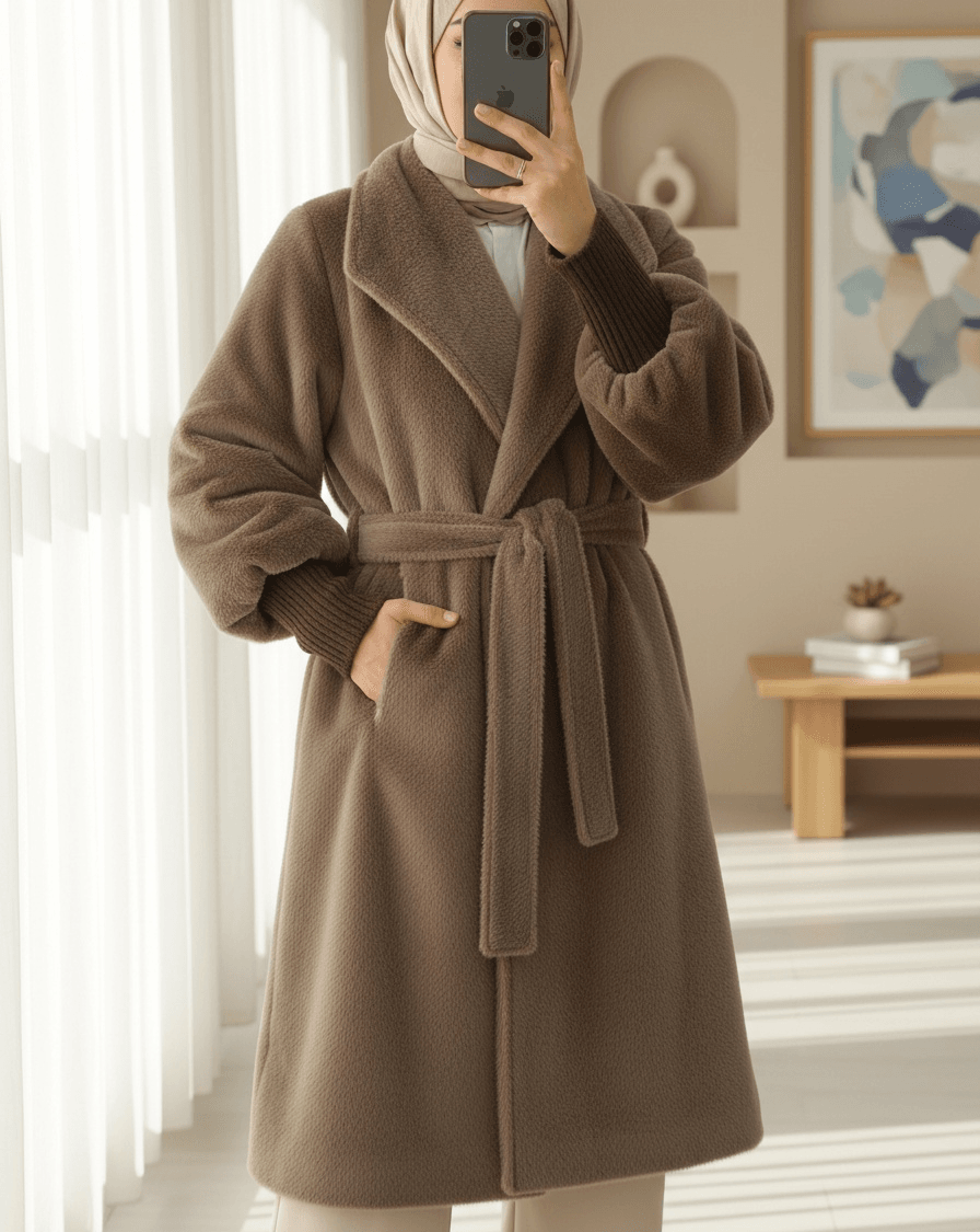 Ribbed Sleeve Shawl Collar Lined Faux Fur Coat - Earth - Podyumplus - by Peralane - photo 3