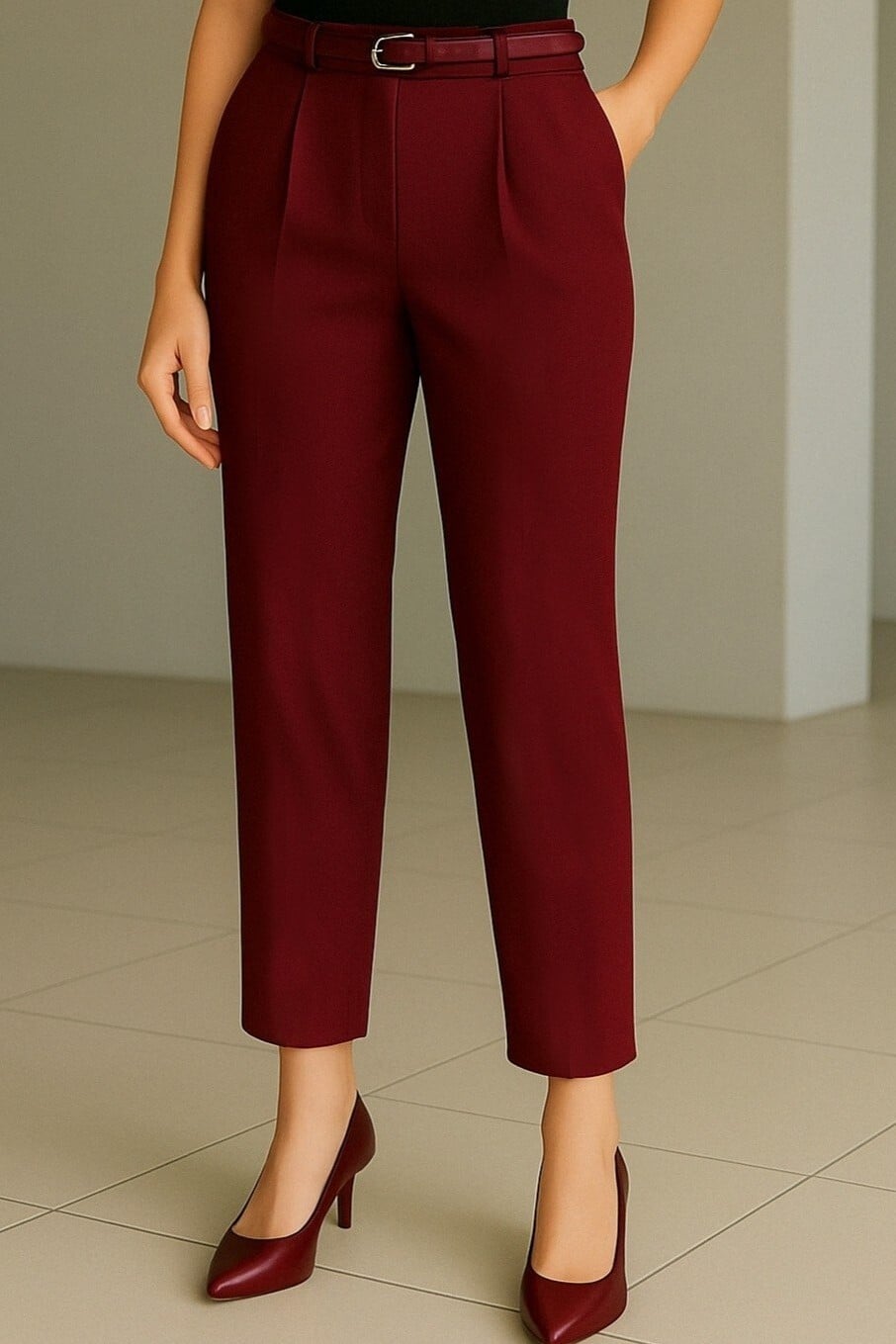 Belted Double Pocket Trousers - Bordeaux - Podyumplus - by Peralane