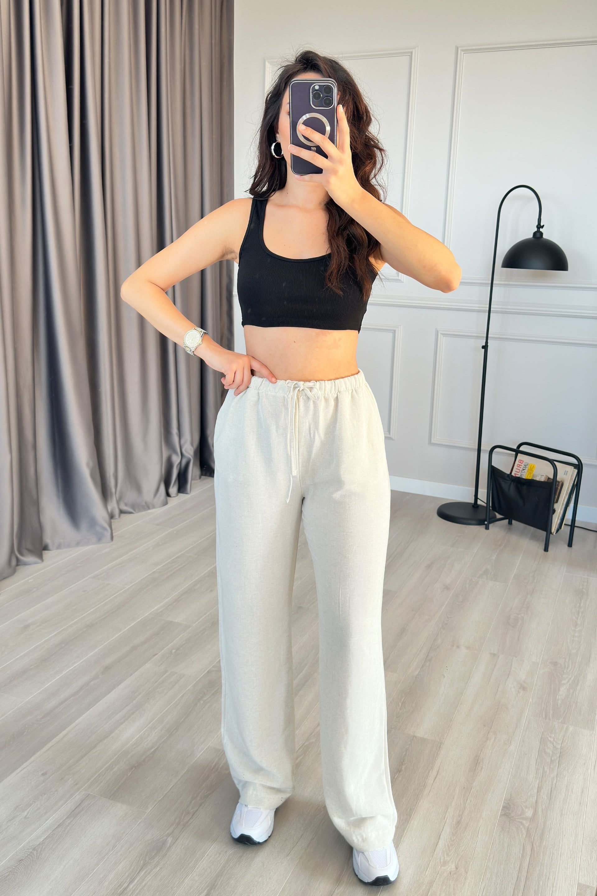 Stone Linen Drawstring Wide-Leg Trousers - Lustri̇n - by Peralane