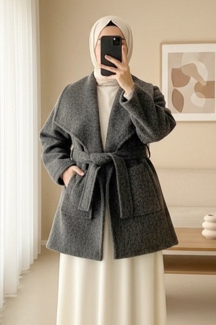Wide Collar Belted Pocket Long Coat - Anthracite - Podyumplus - by Peralane