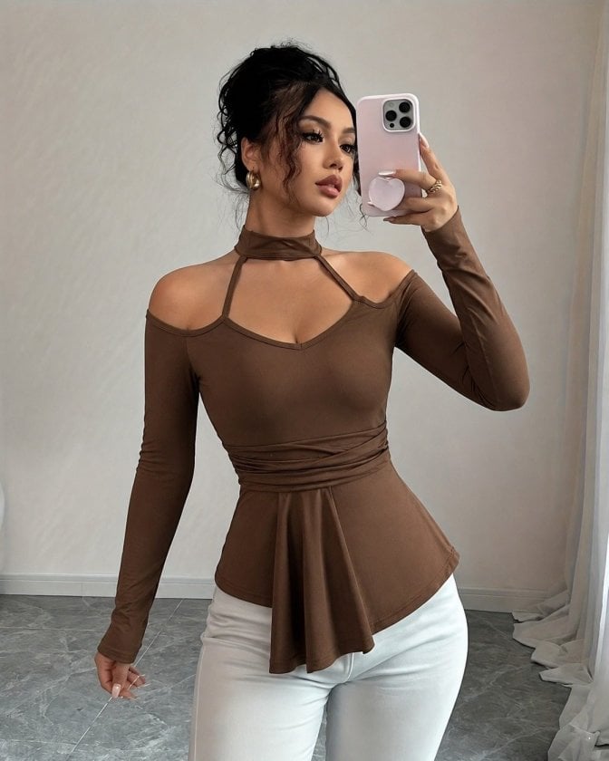 Women's Brown Long-Sleeved Cut-Out Peplum Knit Blouse - Janes - by Peralane